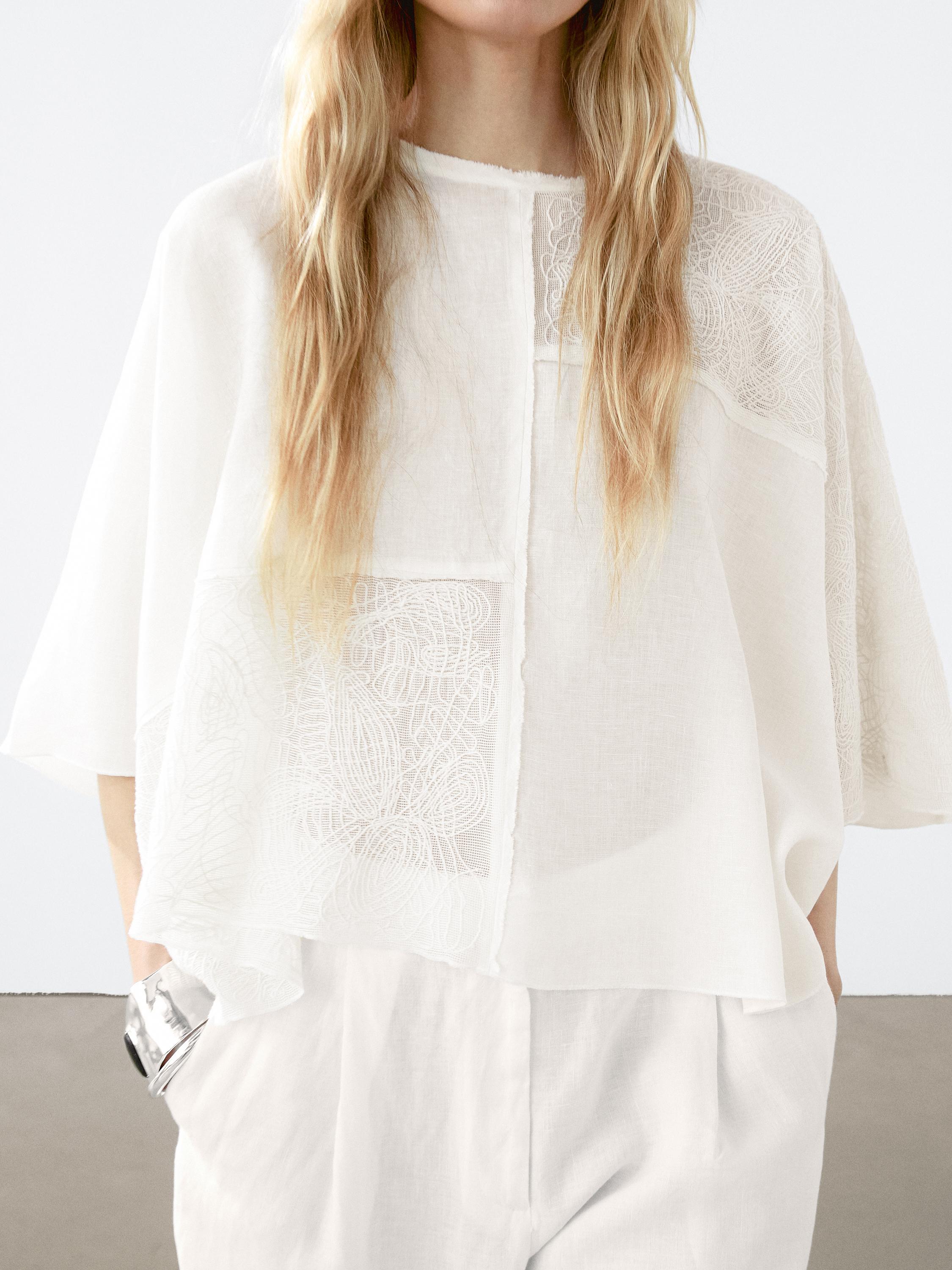 Flowing linen blend embroidered cape