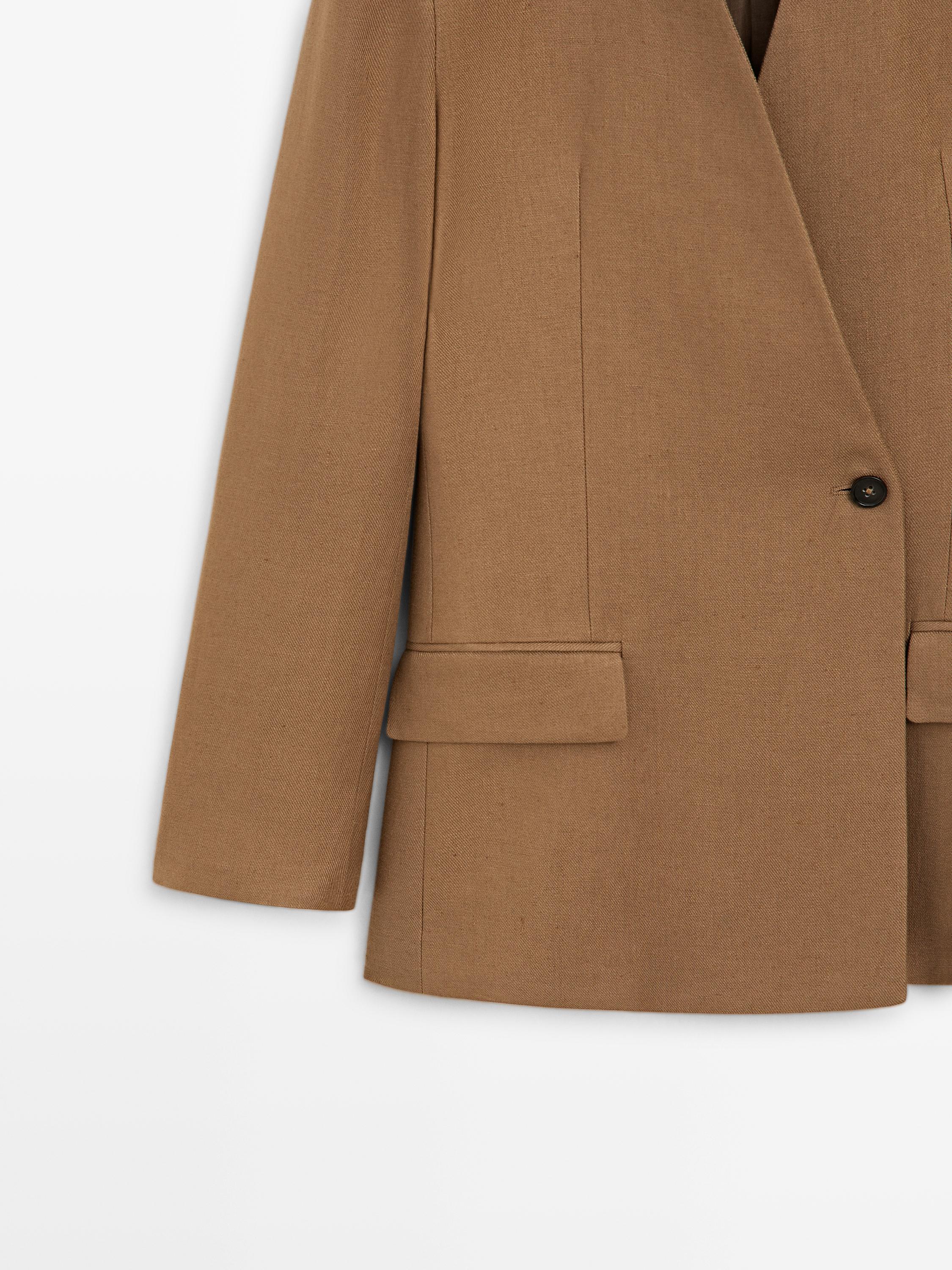 100% linen lapelless double-breasted blazer — CAMEL