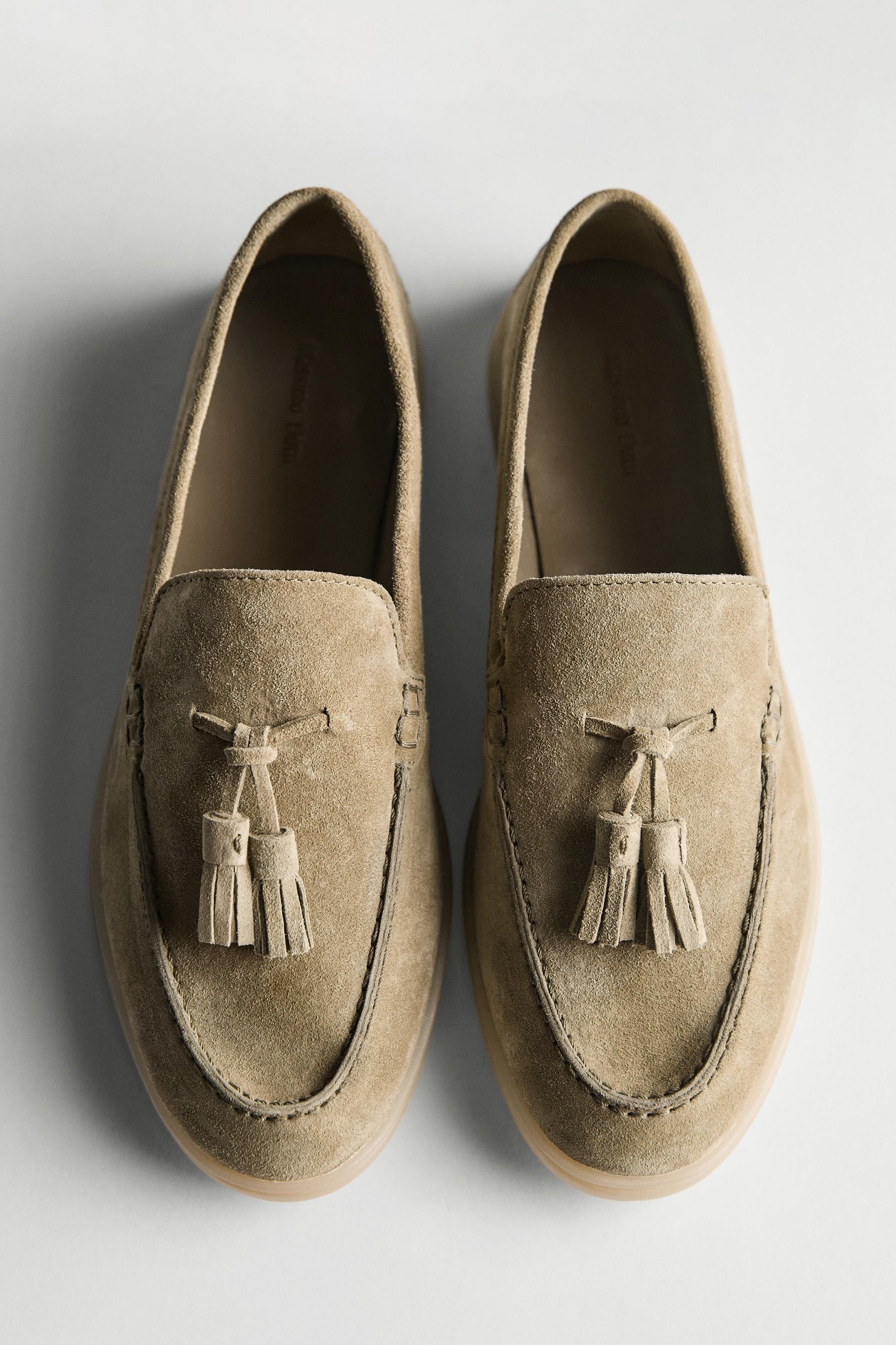 Split leather loafers with tassels — TAUPE