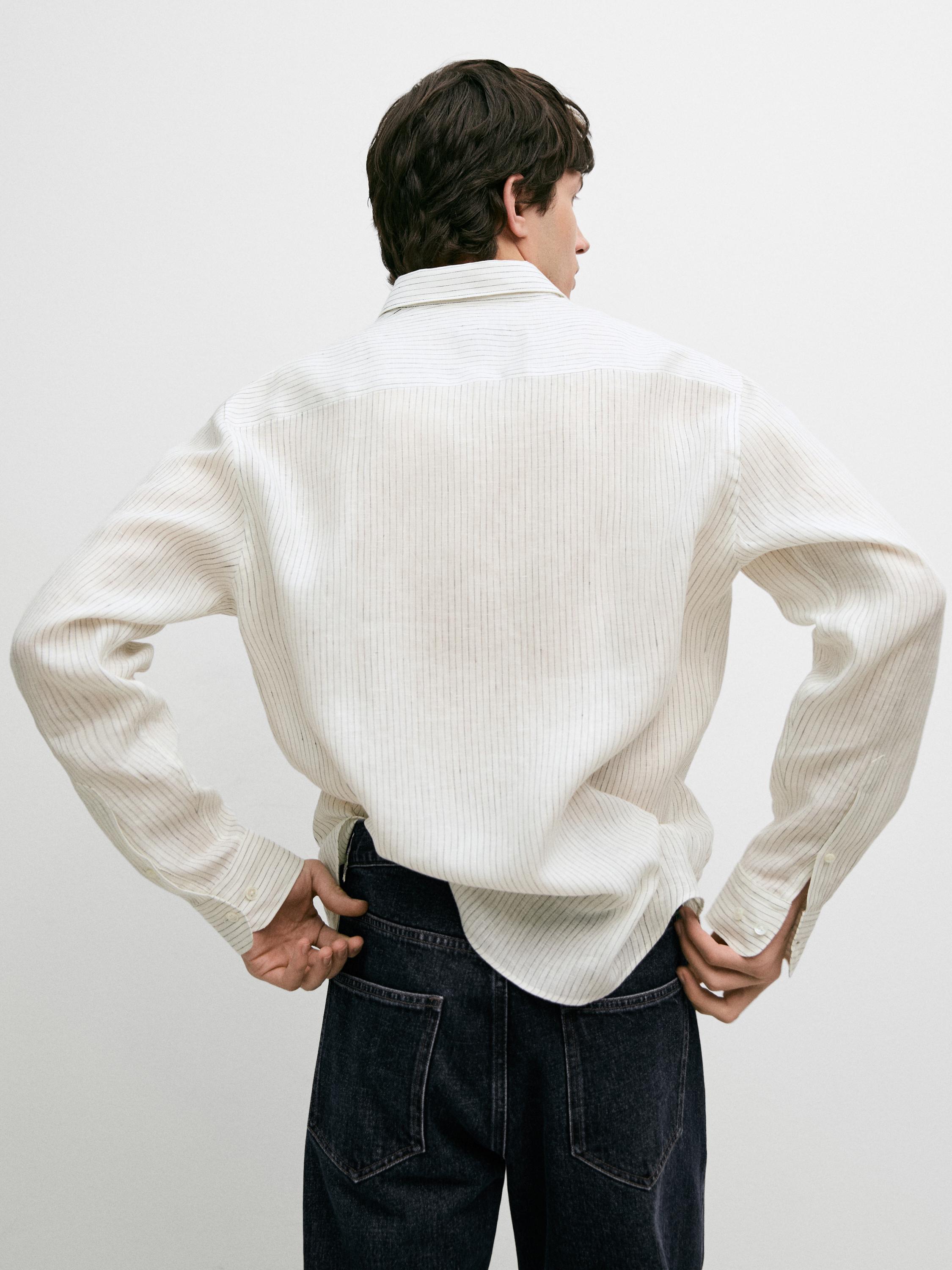 Regular fit striped linen shirt — WHITE
