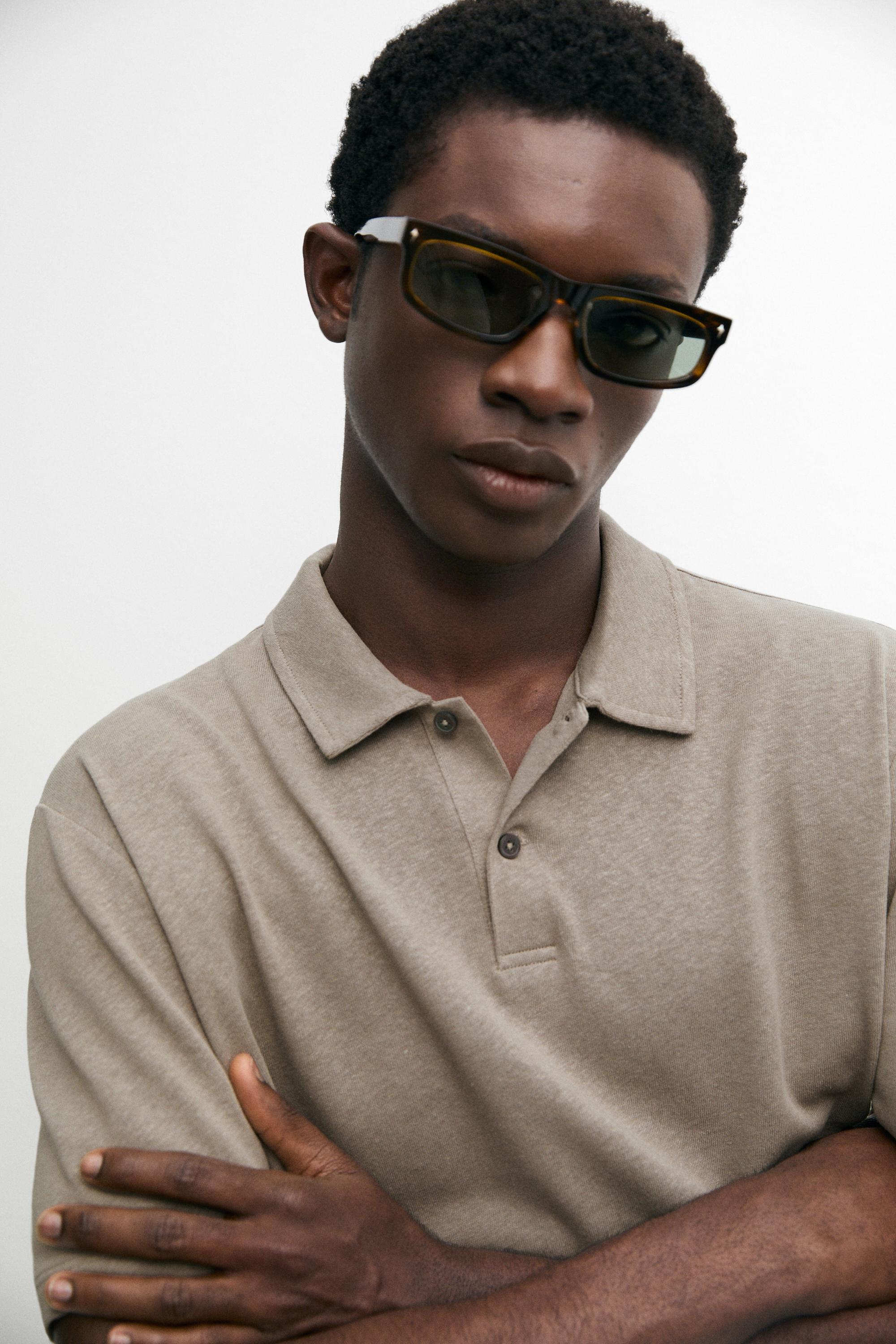 Linen and cotton short sleeve polo shirt — MOLE BROWN