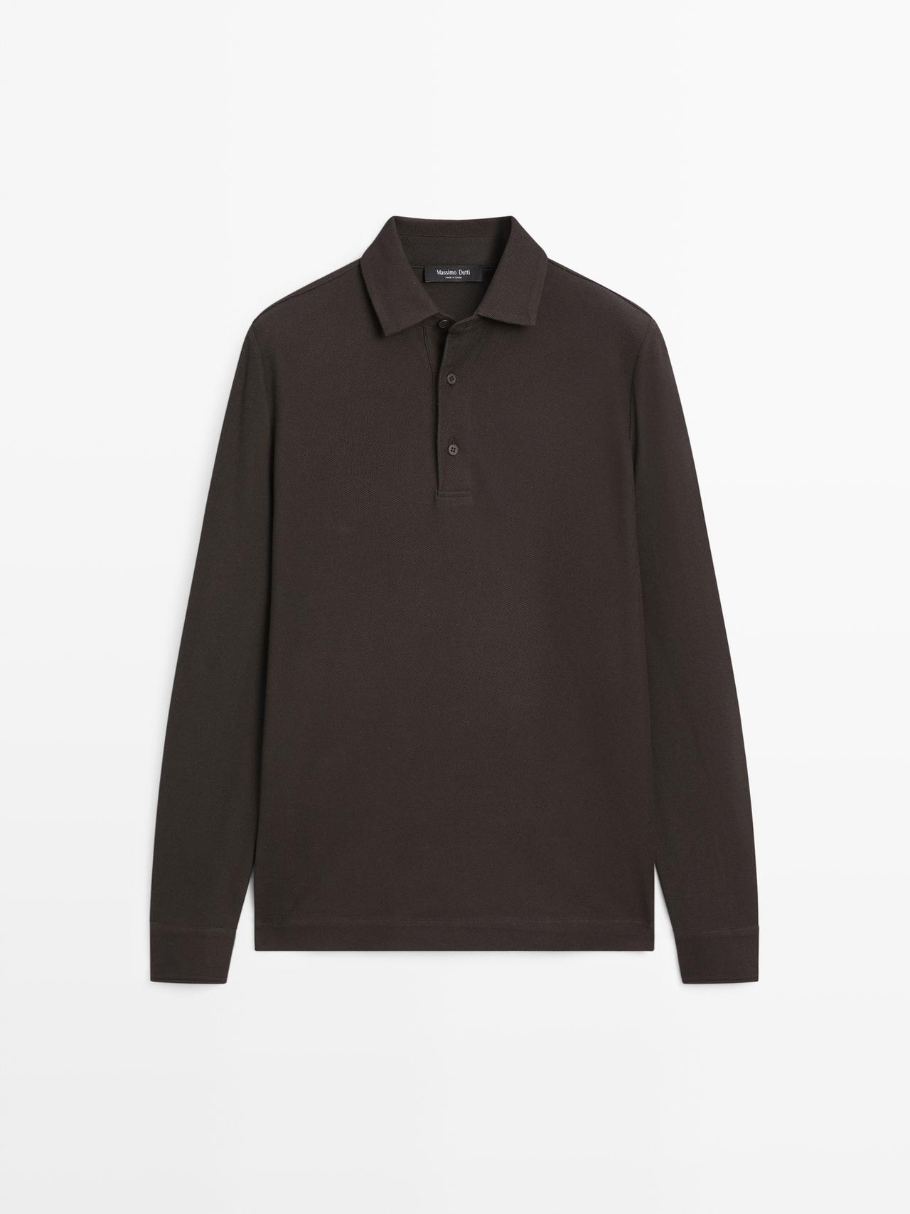 Massimo Dutti - Herre - Strukturvævet Poloshirt I Piqué Med Lange Ærmer - Chokolade - M