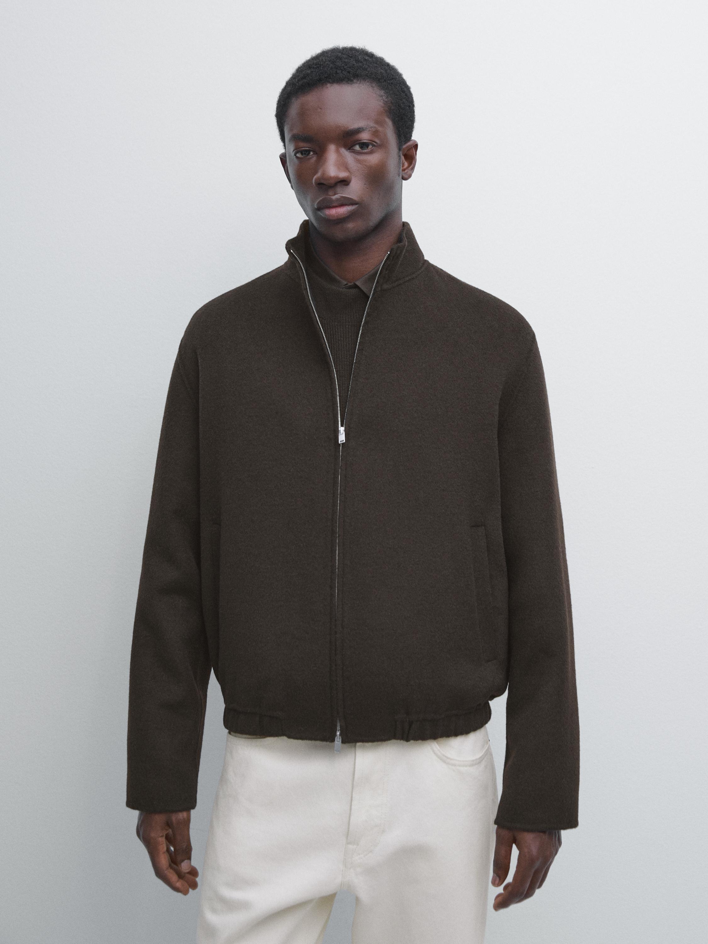 Wool blend high neck jacket — Chocolate