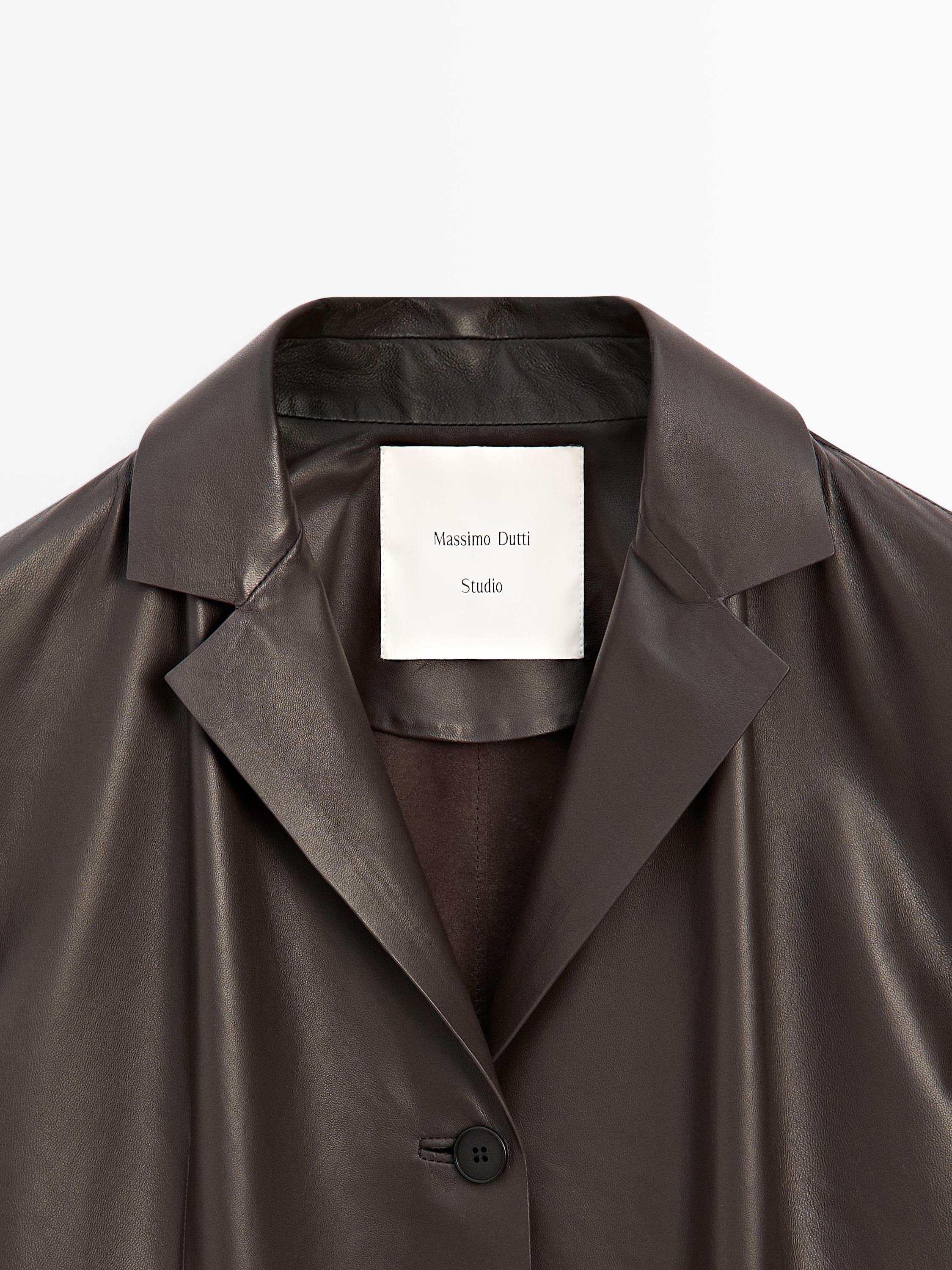 Leather blazer with lapel collar - STUDIO — BROWN
