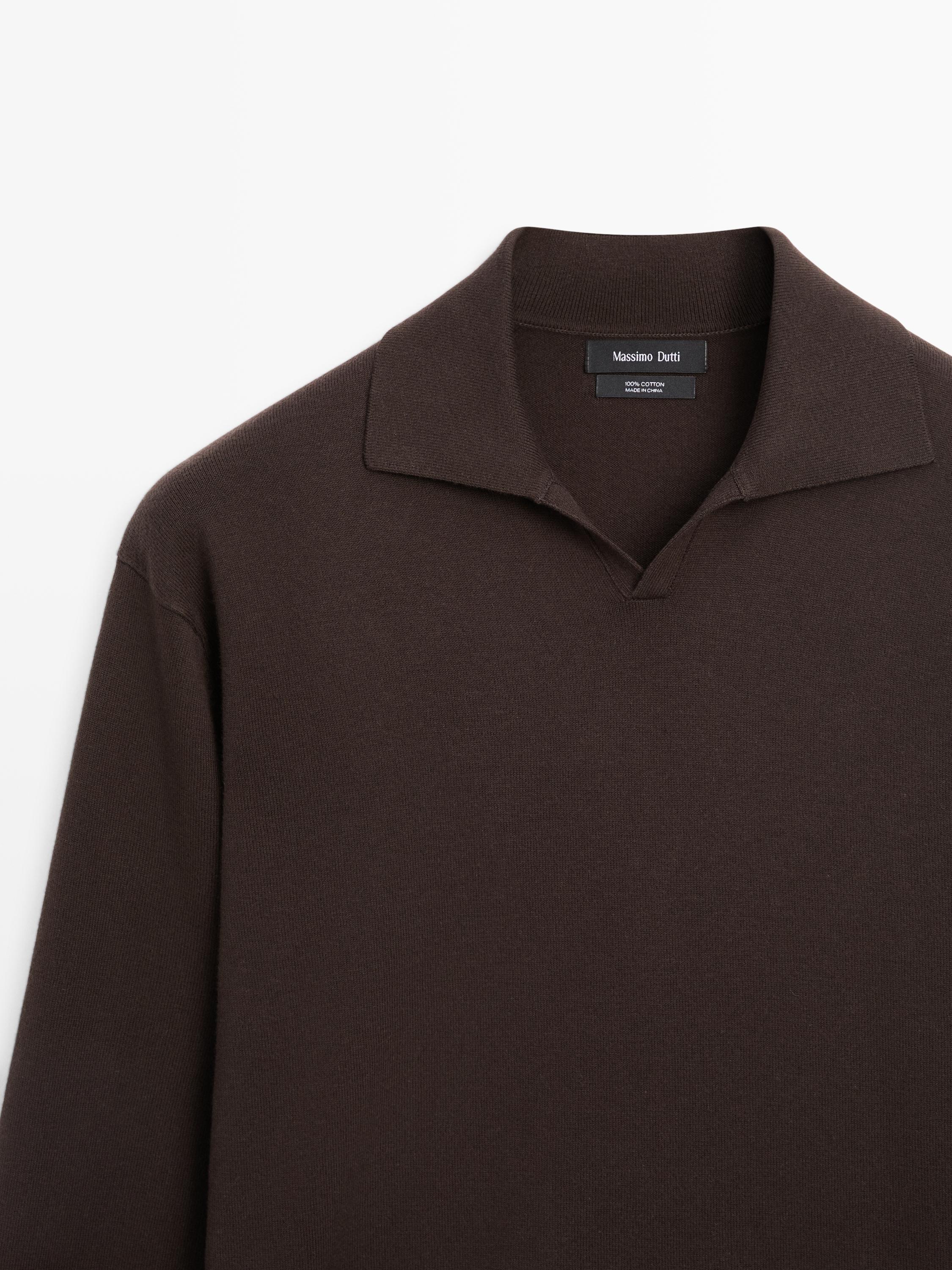 Cotton knit polo sweater — BROWN MARL