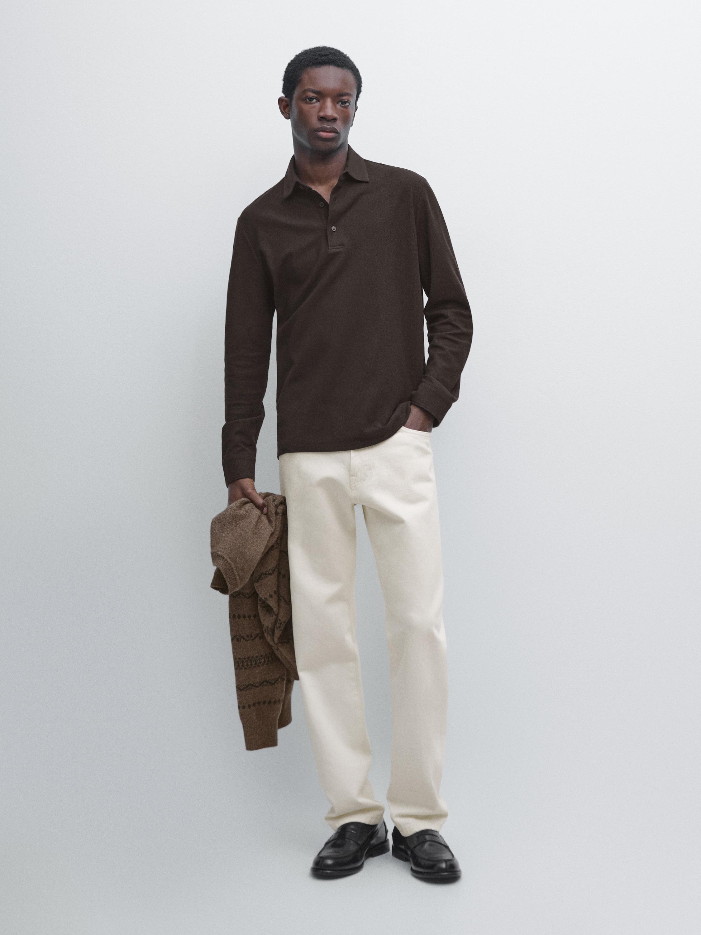 Textured piqué polo shirt with long sleeves