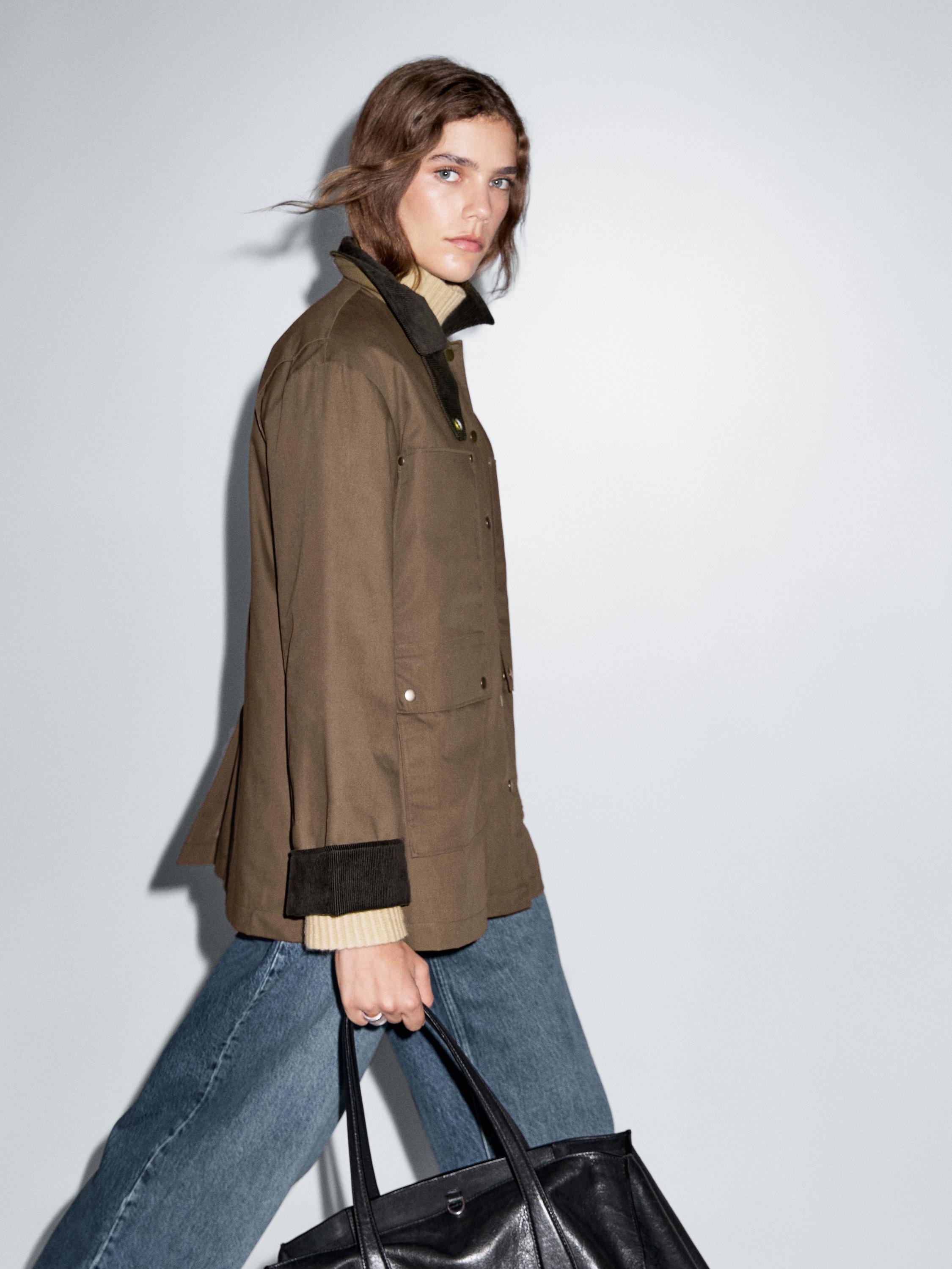 Waxed parka with corduroy detail