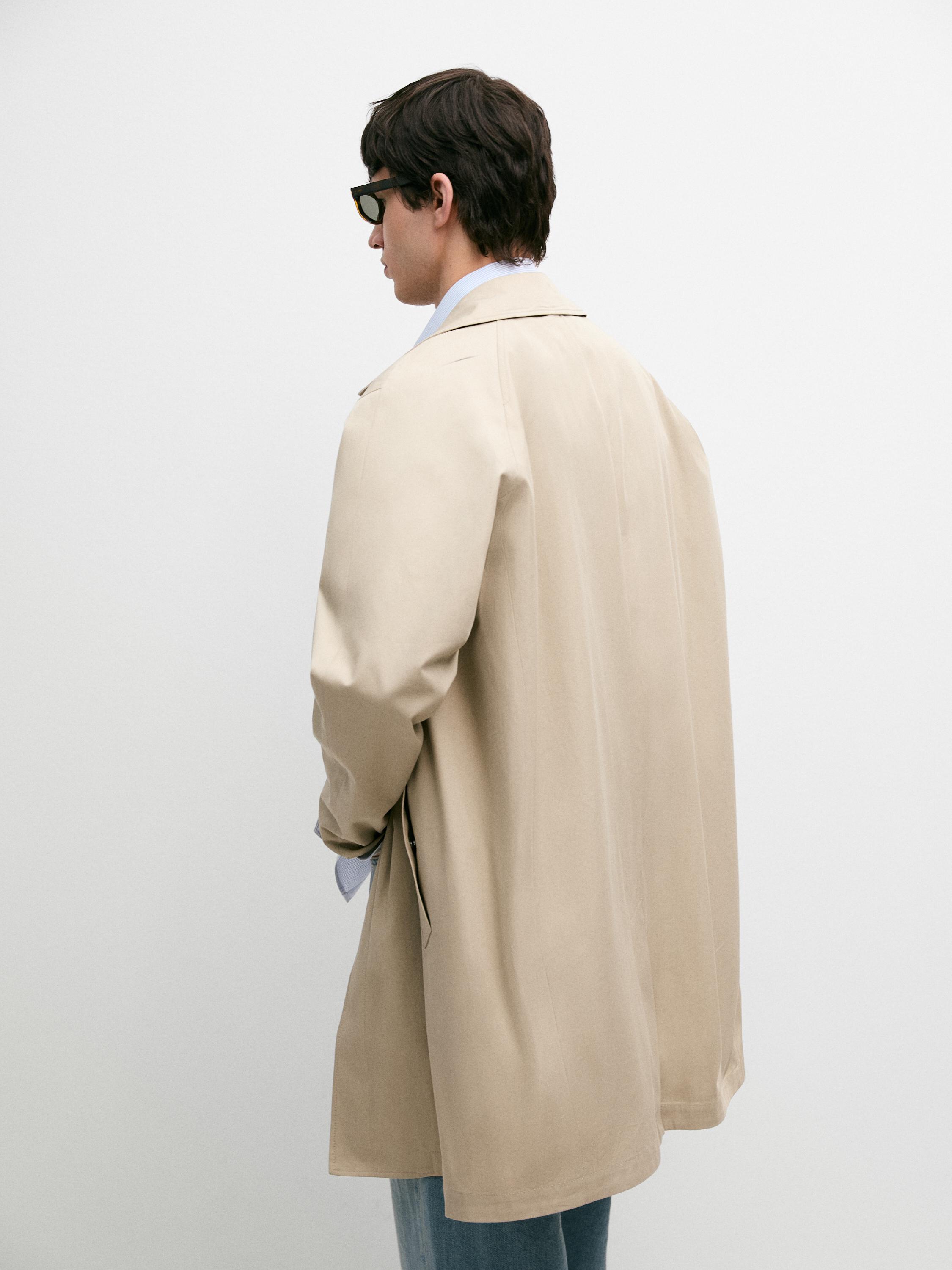 Check cotton trench coat with interior detail — BEIGE