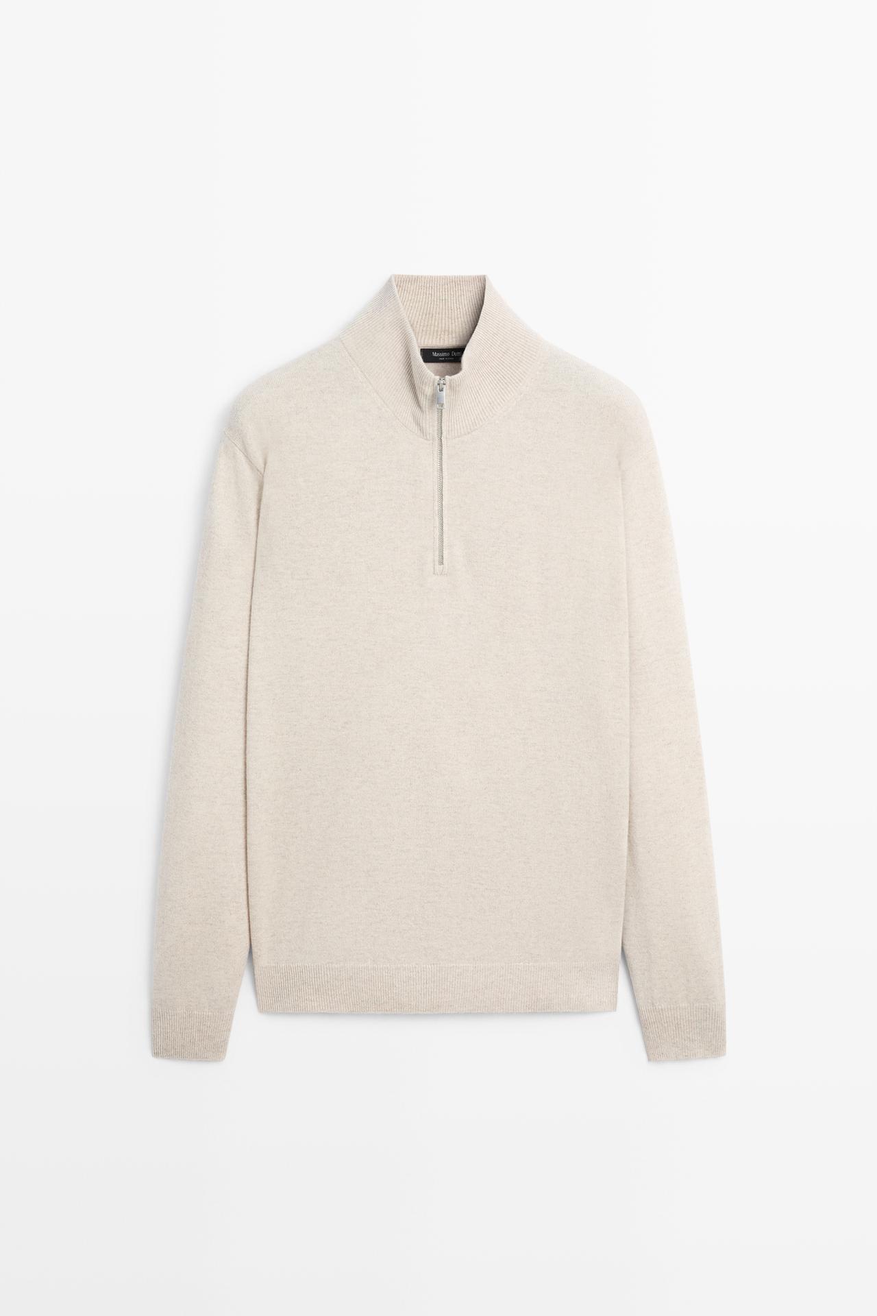 Mock neck knit sweater with zip — STONE