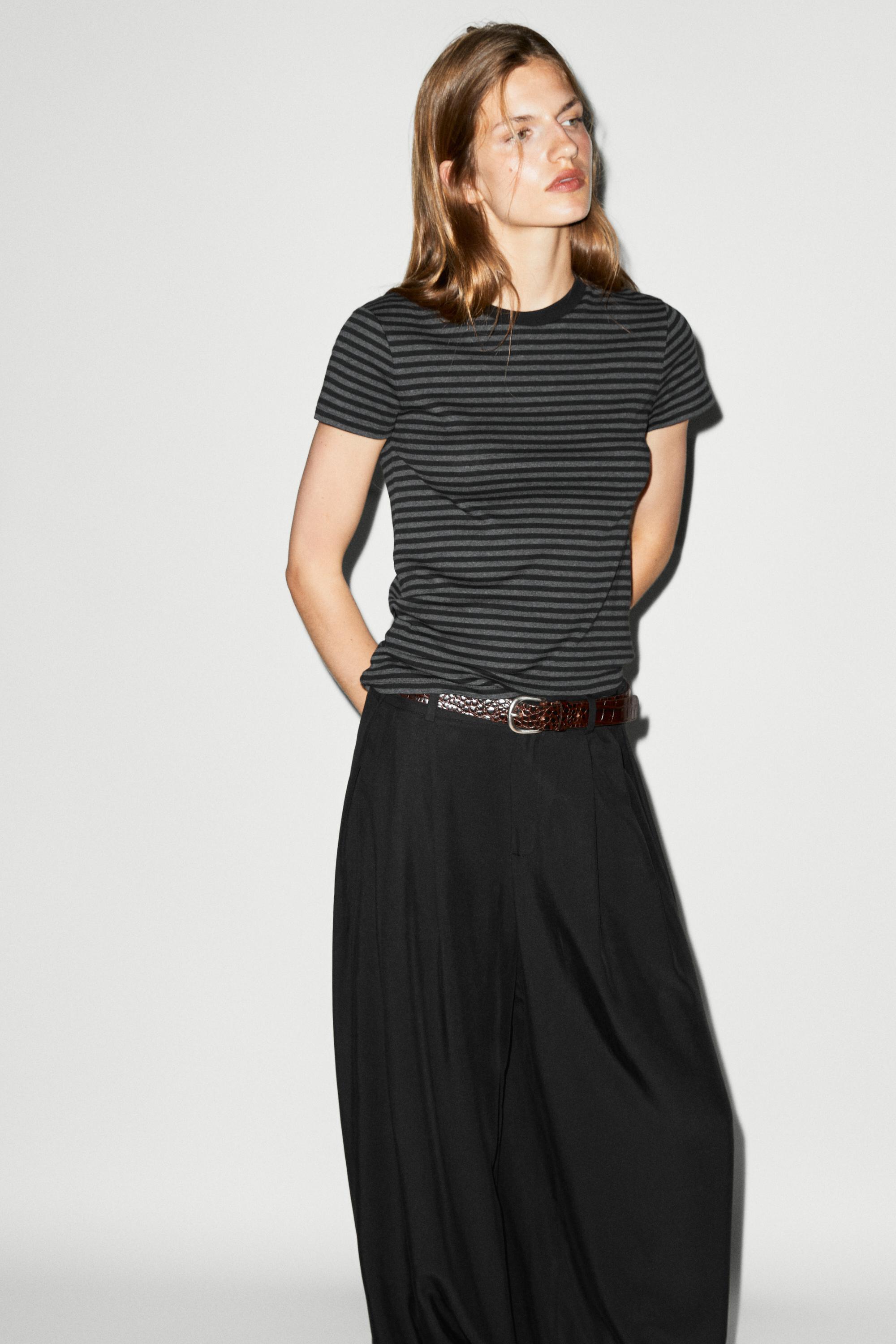 Ribbed striped short sleeve T-shirt — BLACK