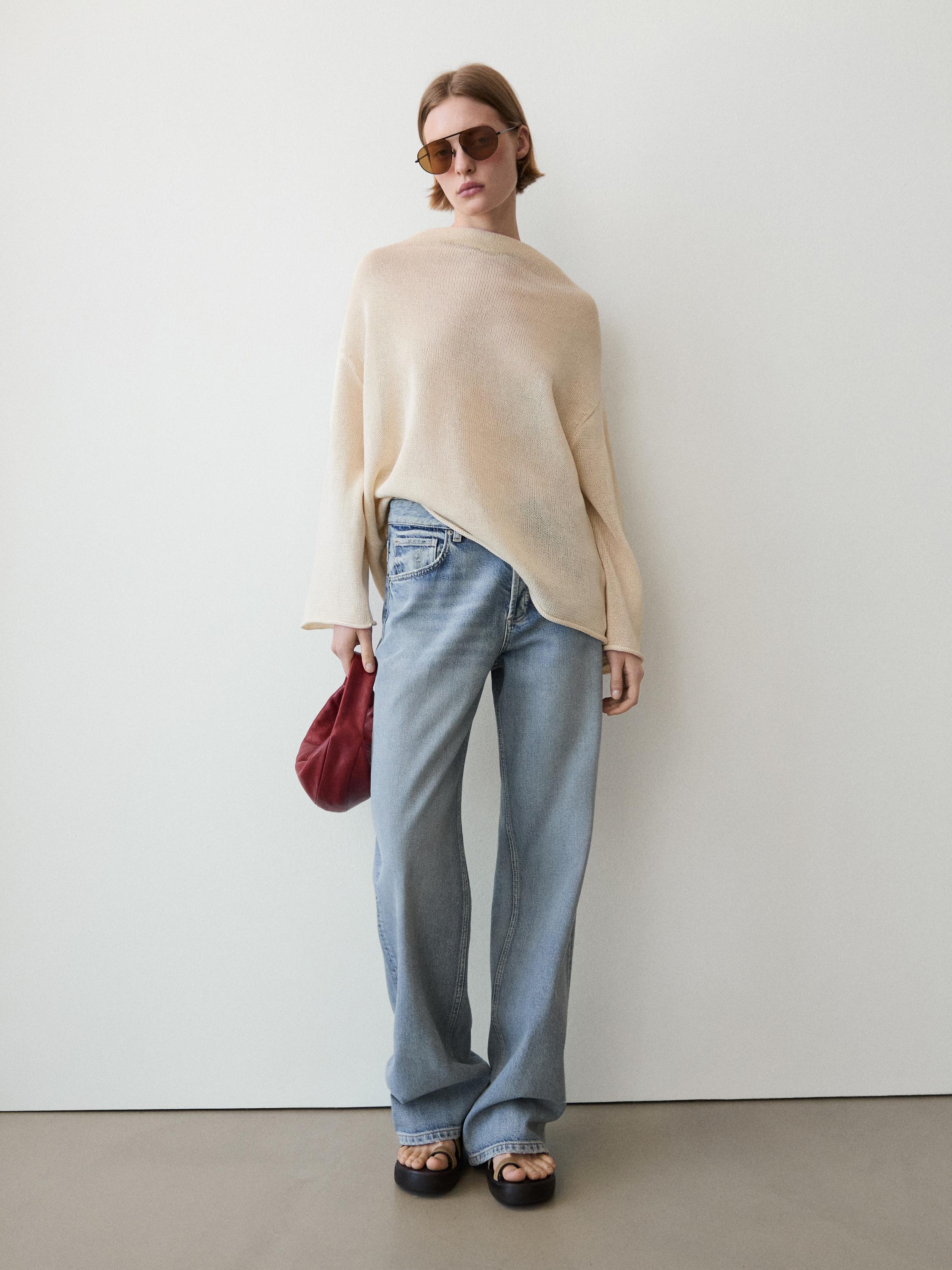 100% cotton knit sweater with back ties — BEIGE