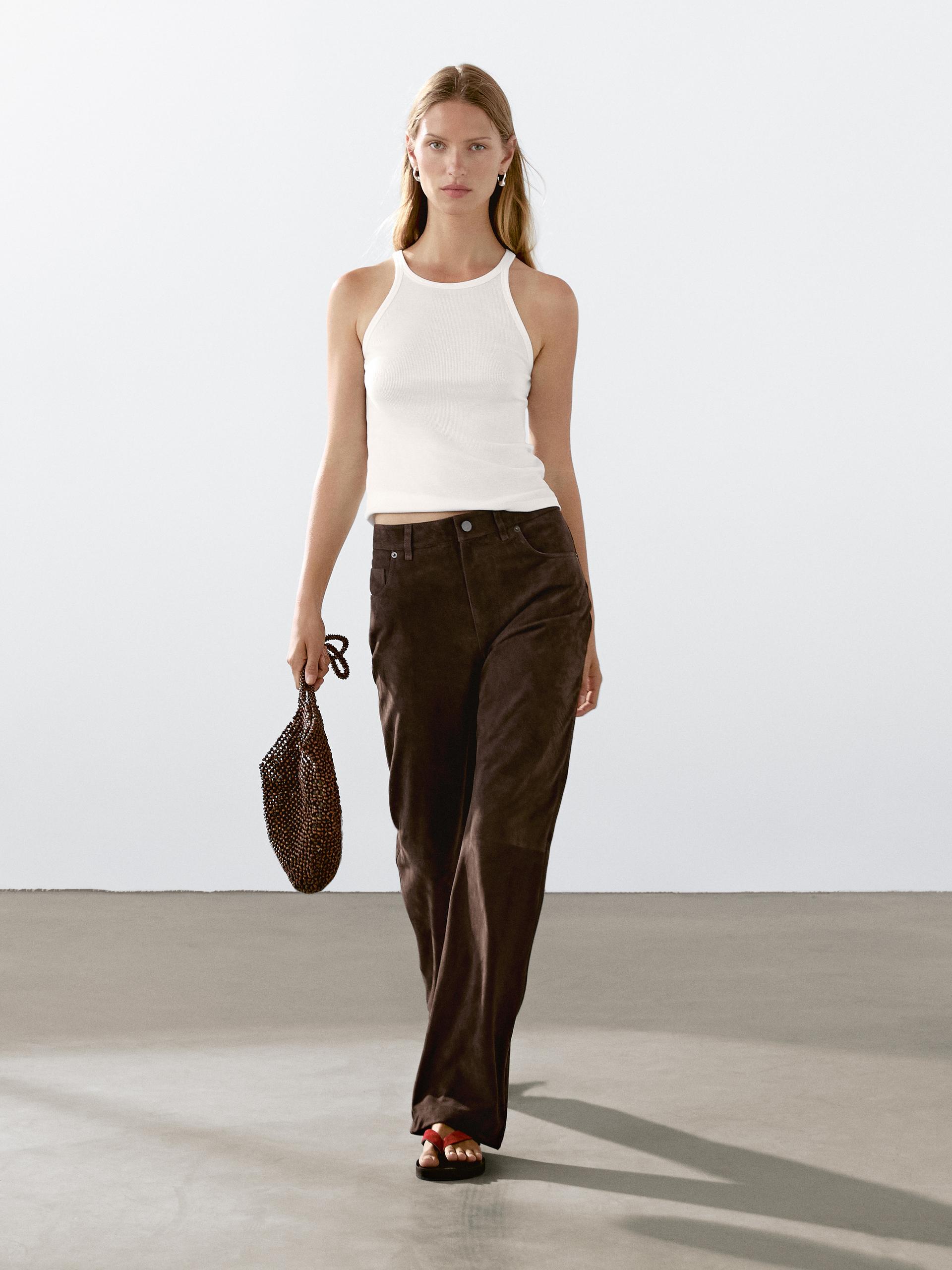 Pantalon En Cuir Finition Daim - Marron - M - Massimo Dutti - Femme
