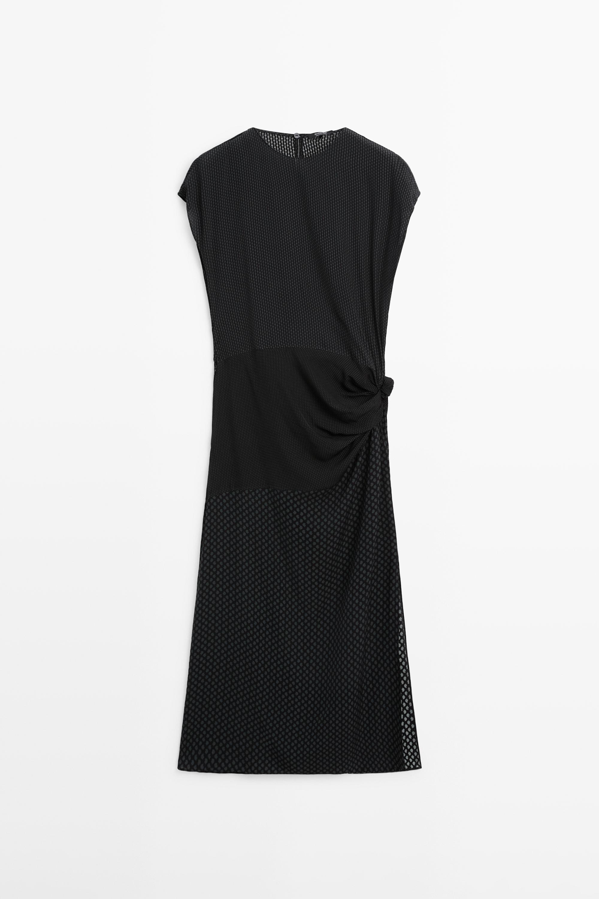 Long flowing printed dress with knot detail — BLACK