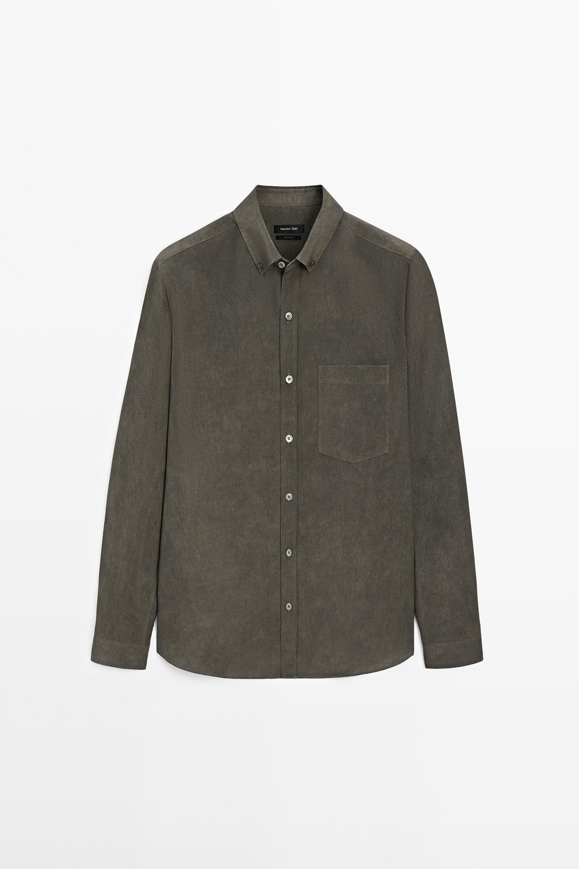 Flowing regular fit shirt with pocket — DARK KHAKI