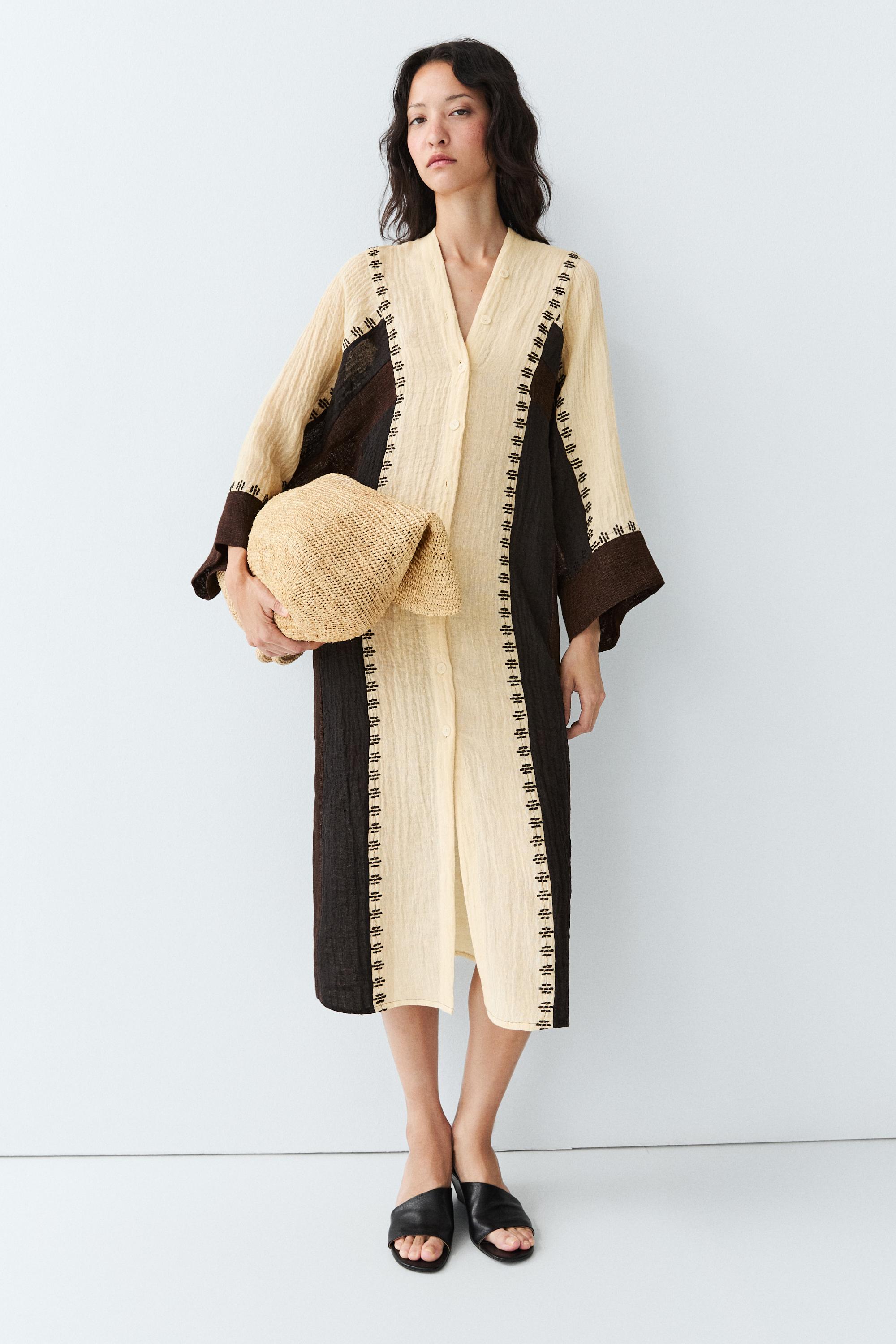 Linen blend embroidered kaftan dress — BROWN