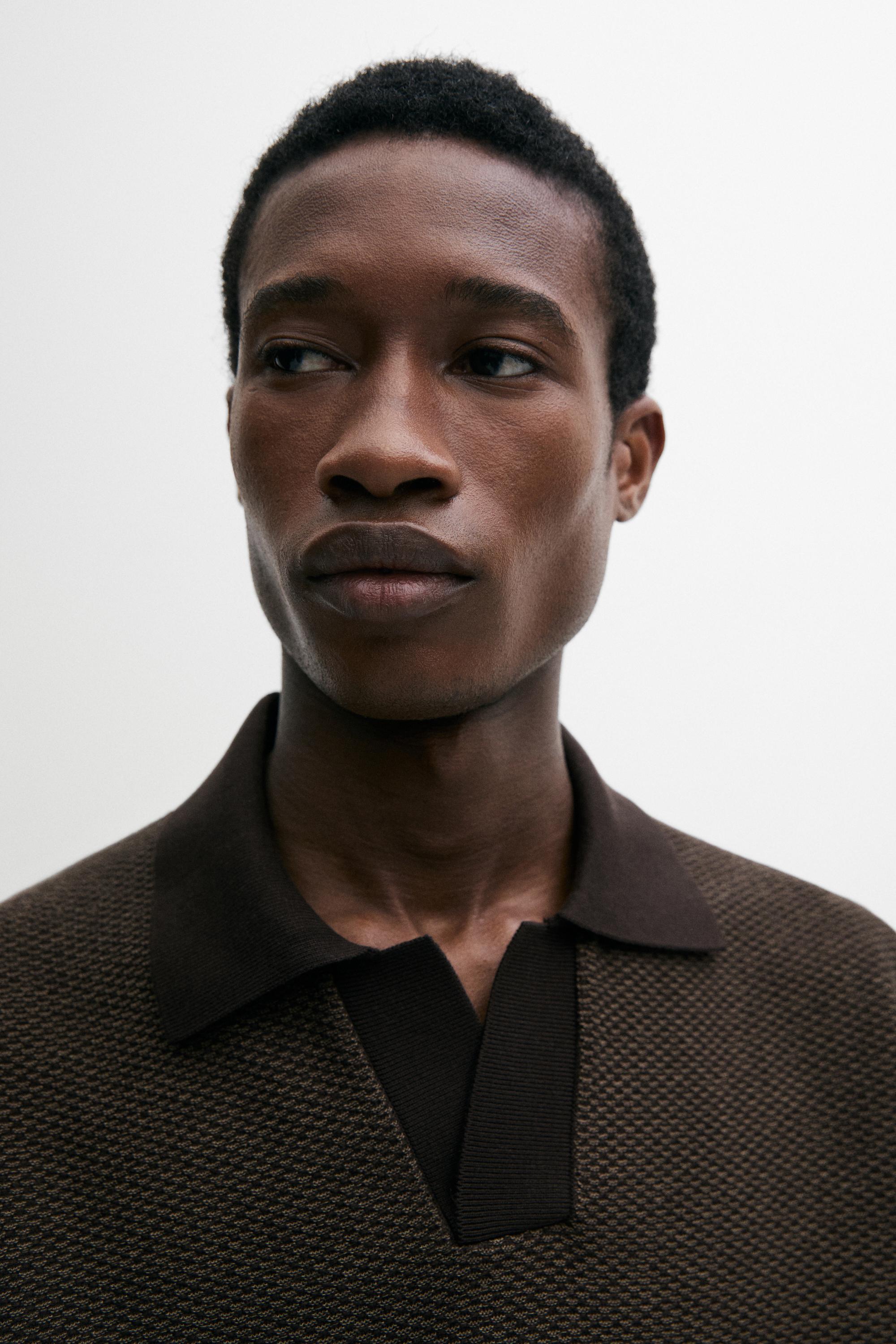 100% cotton textured knit polo sweater — BROWN MARL