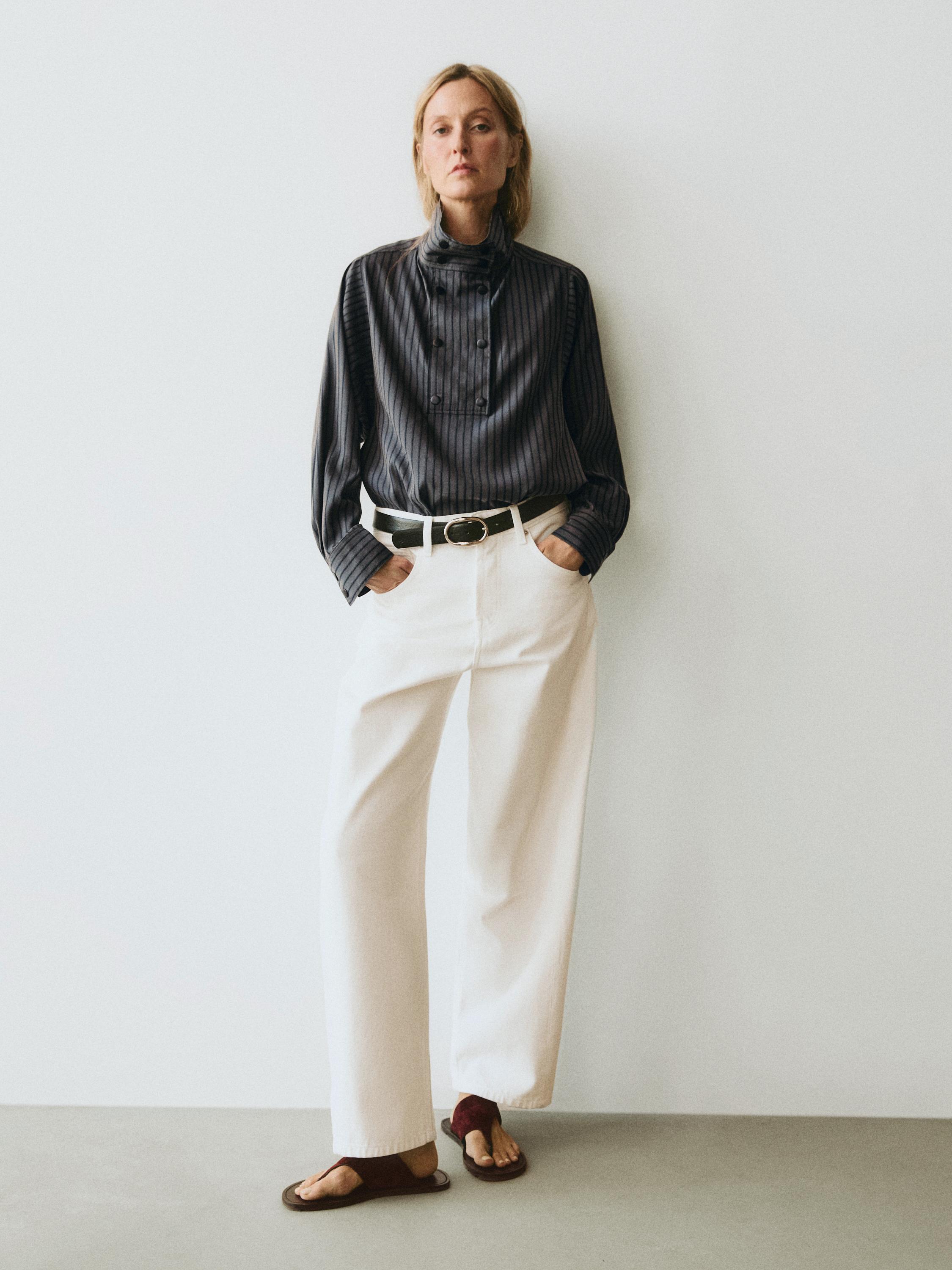 Striped flowing shirt with collar detail — GREY