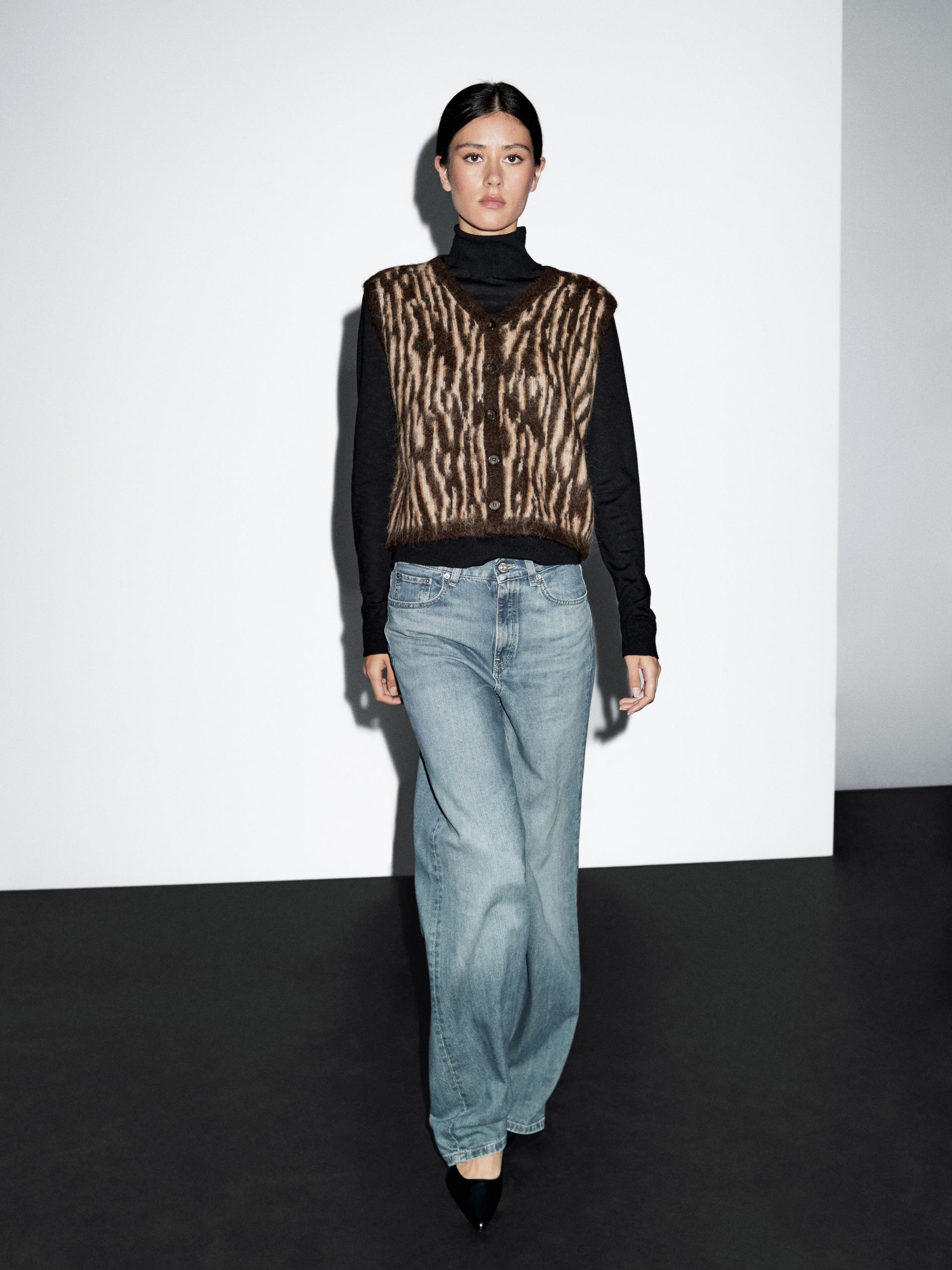 Chaleco Punto Mezcla Lana Animal Print - Marrón - S - Massimo Dutti - Mujer