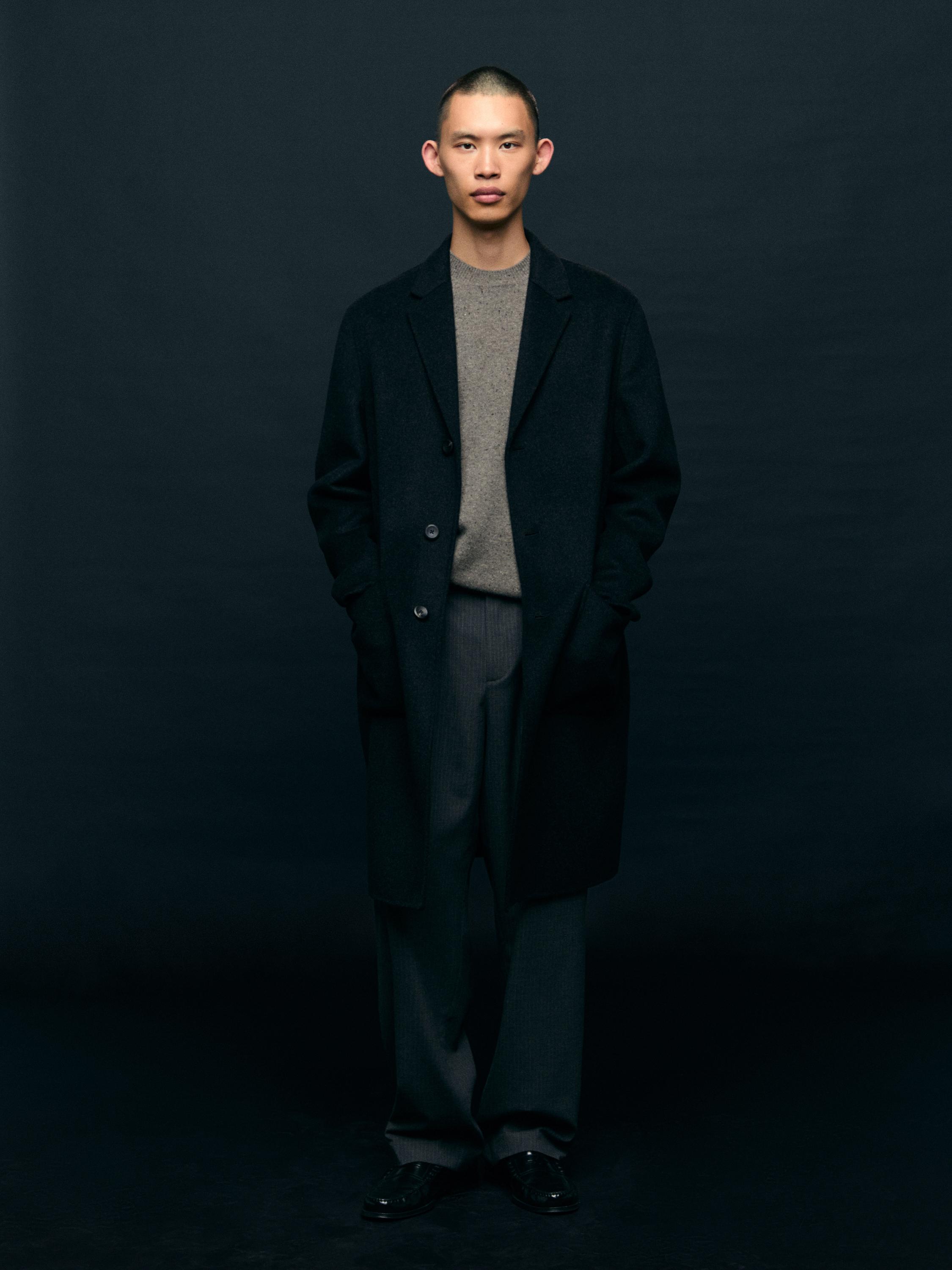 Long wool blend coat with lapel collar