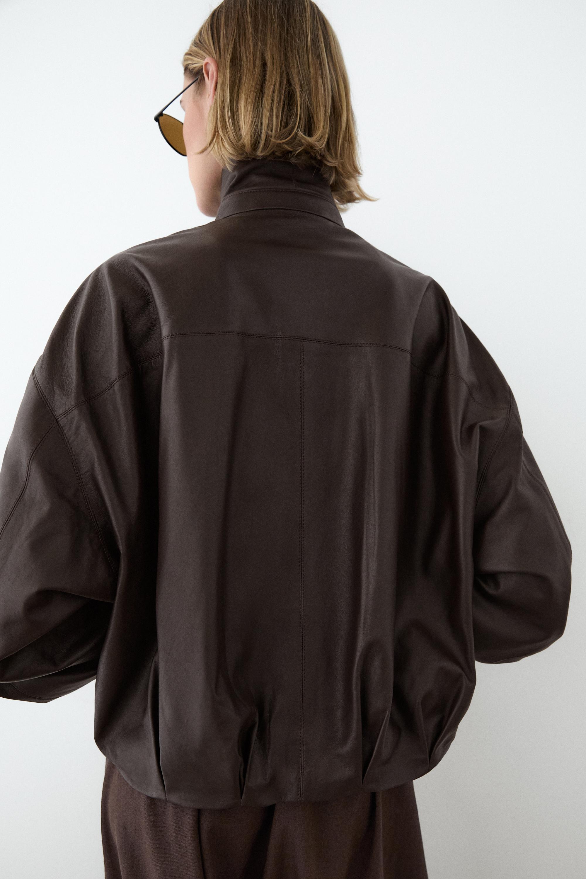 Nappa leather bomber jacket with pleat detail — BROWN