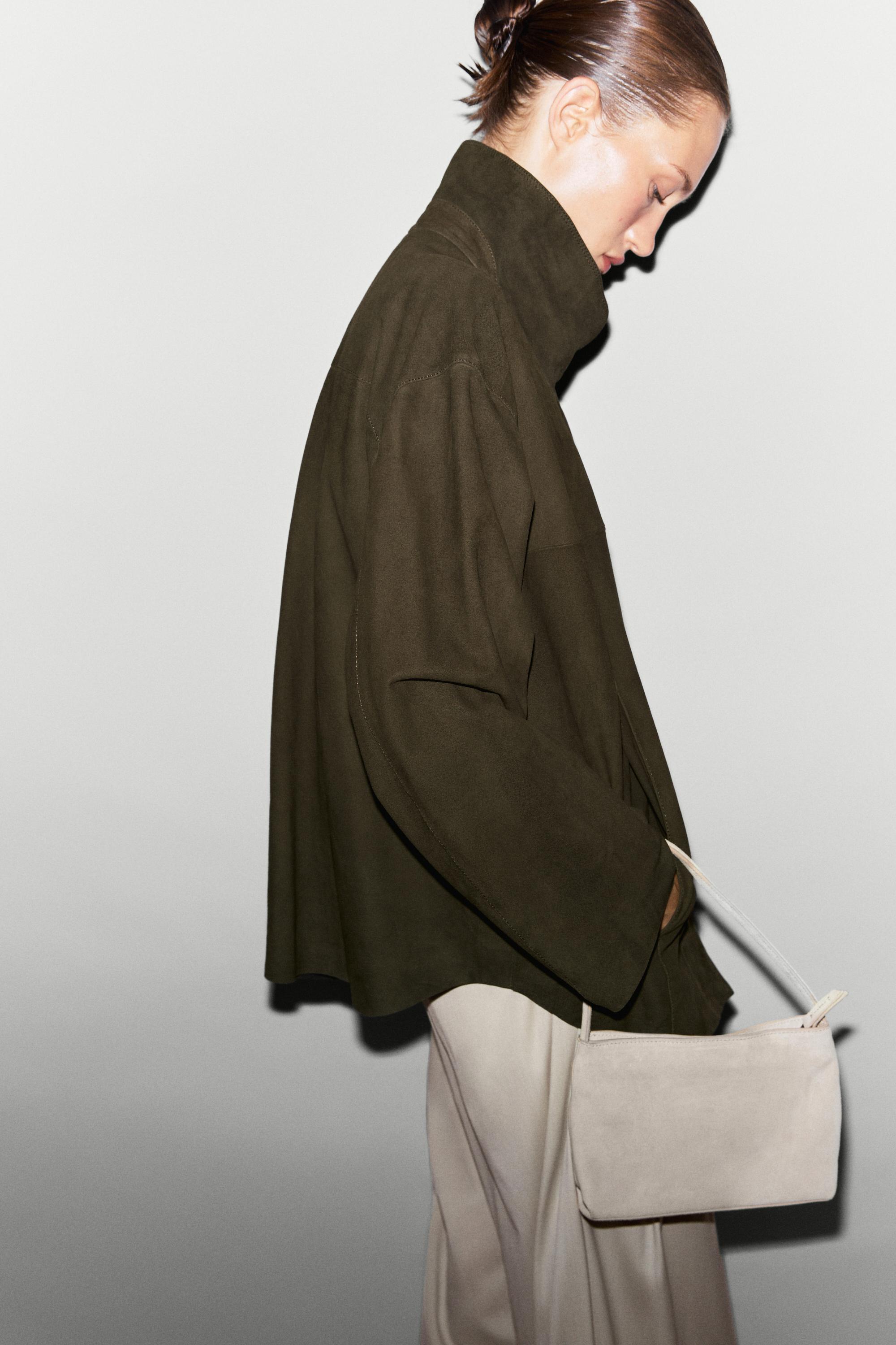 High-neck faux suede jacket — KHAKI