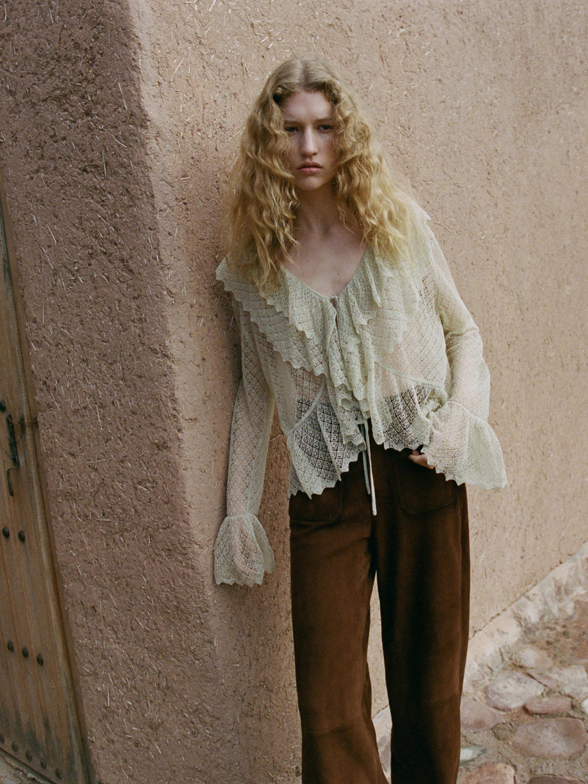 Suede leather wide-leg trousers with pockets — BROWN