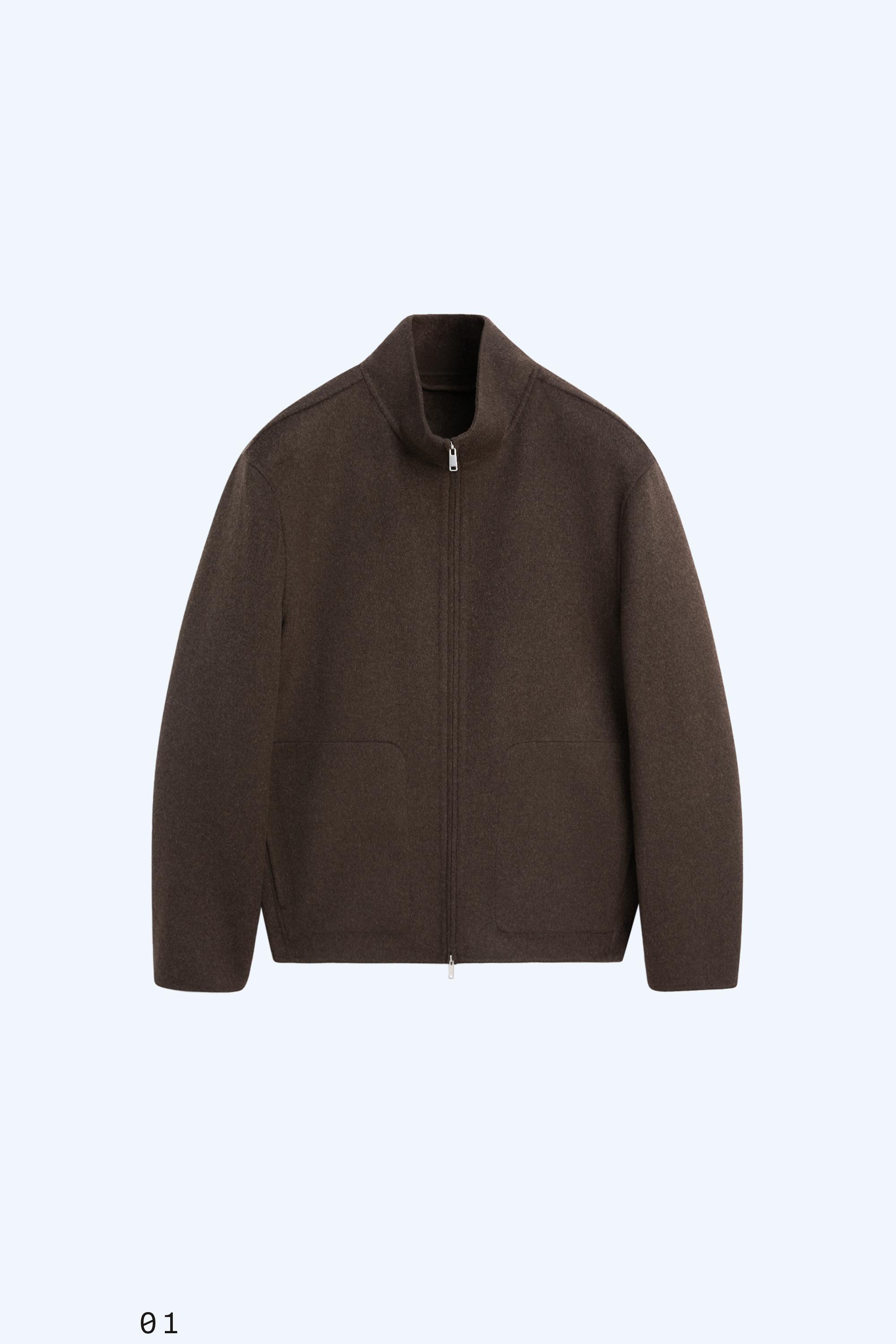 Wool blend double fabric high neck jacket — BROWN