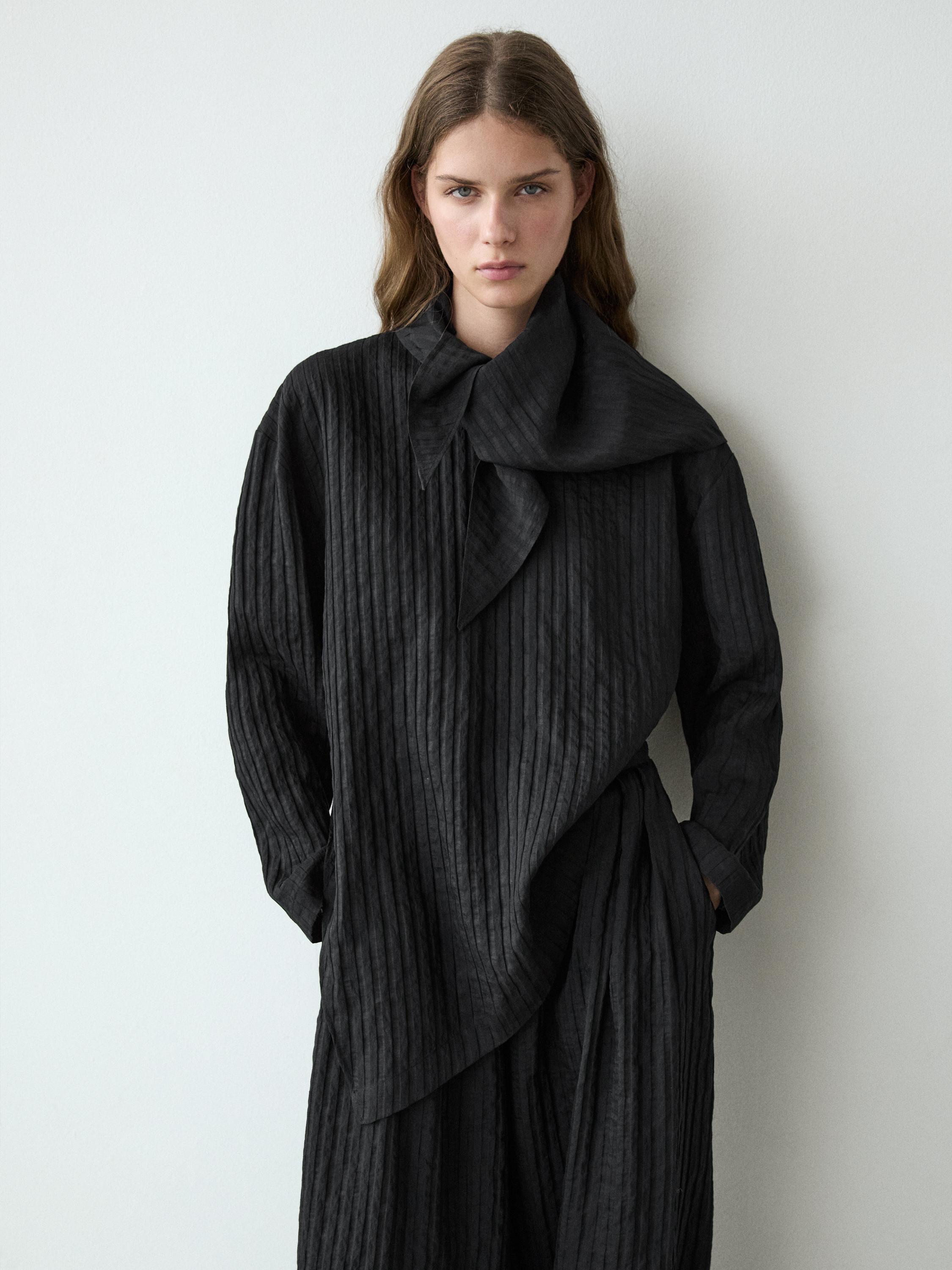 Striped flowing shirt with scarf detail — BLACK