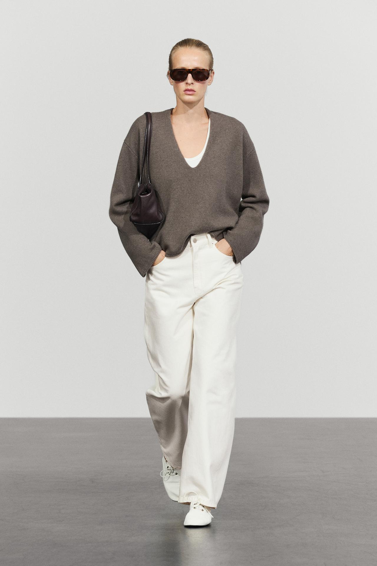 Long-line knit sweater with neckline detail — TAUPE GREY