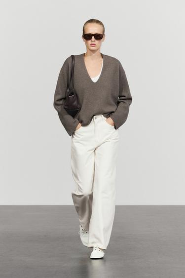 Long-line knit sweater with neckline detail — TAUPE GREY 1