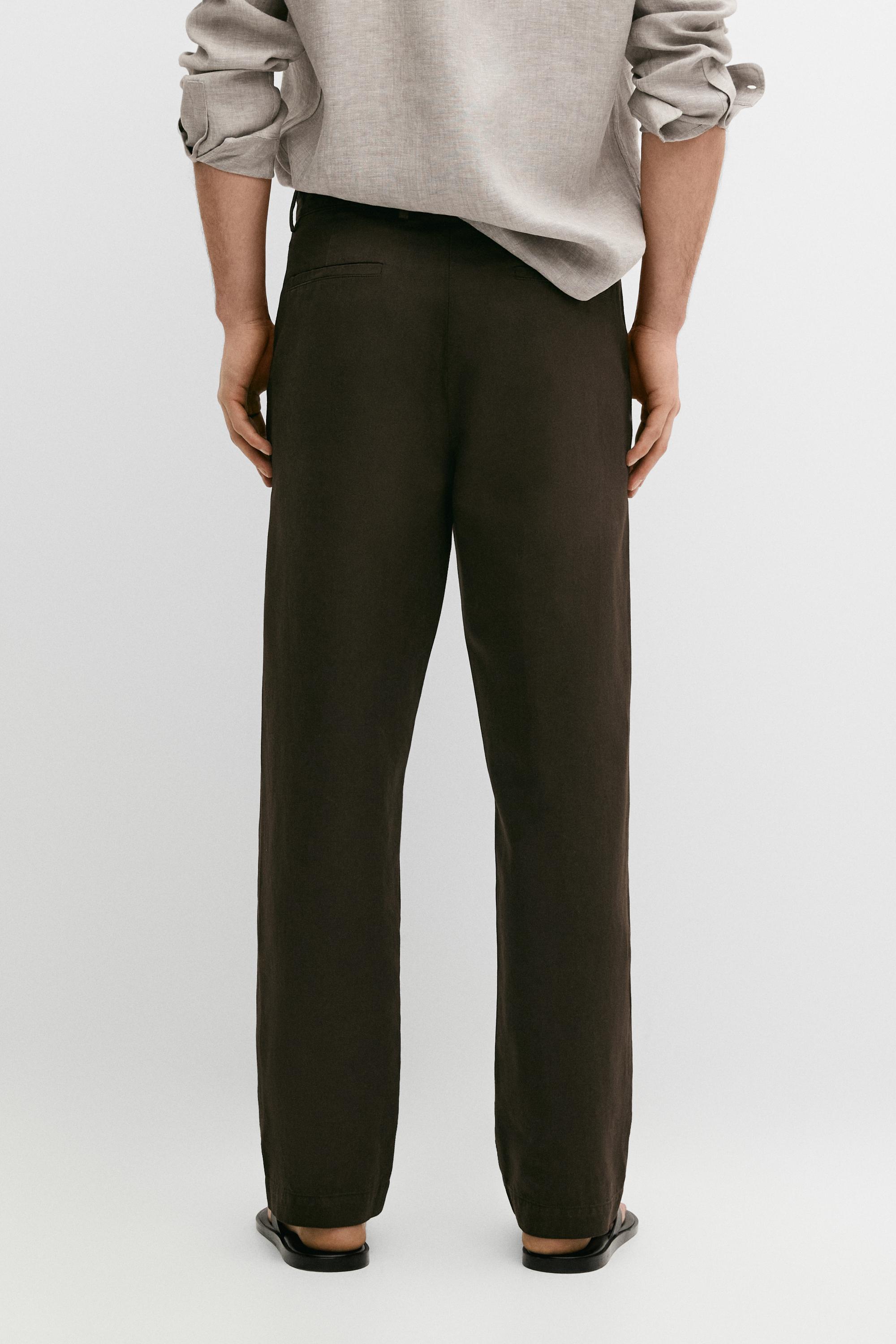 Straight-leg linen and cotton trousers with darts — BROWN