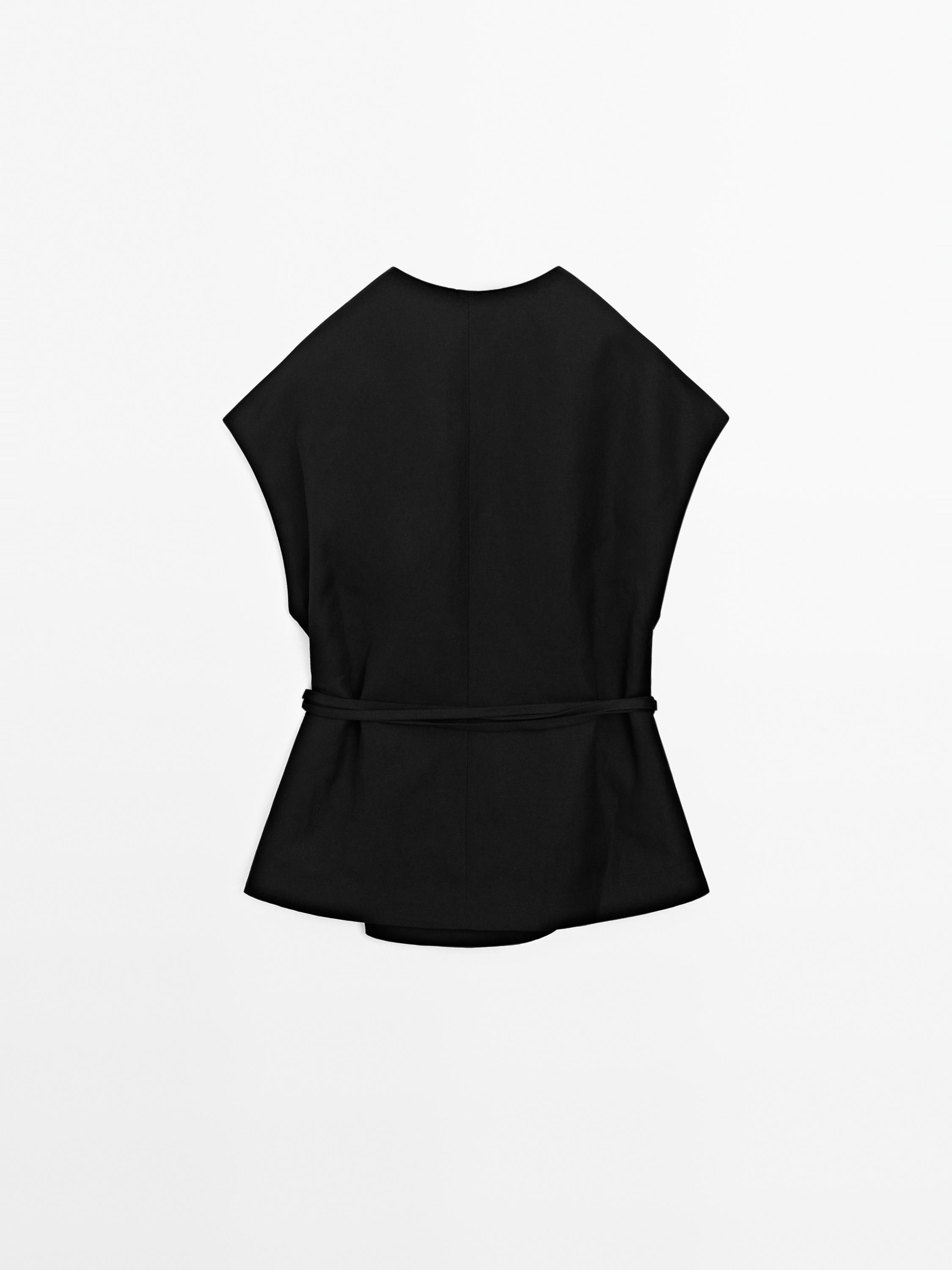 Linen blend crossover kimono with tie detail
