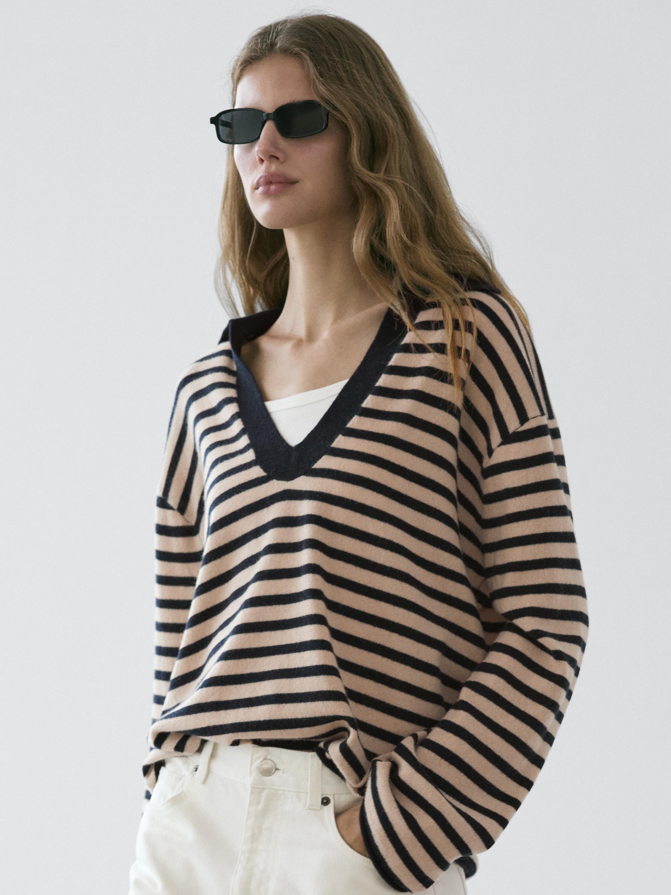 Striped V-neck knit sweater
