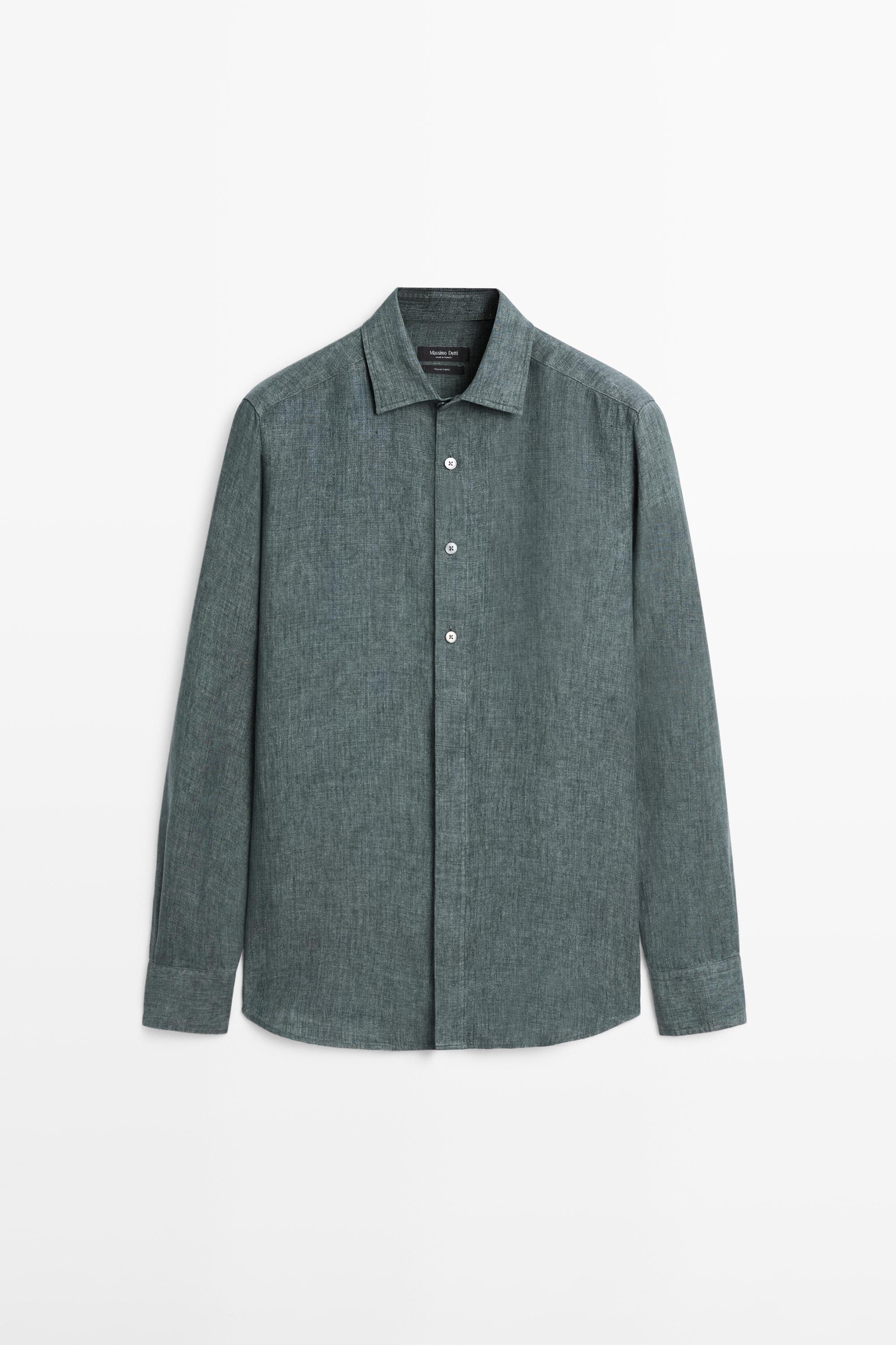 Regular fit linen shirt with placket — DARK BLUE