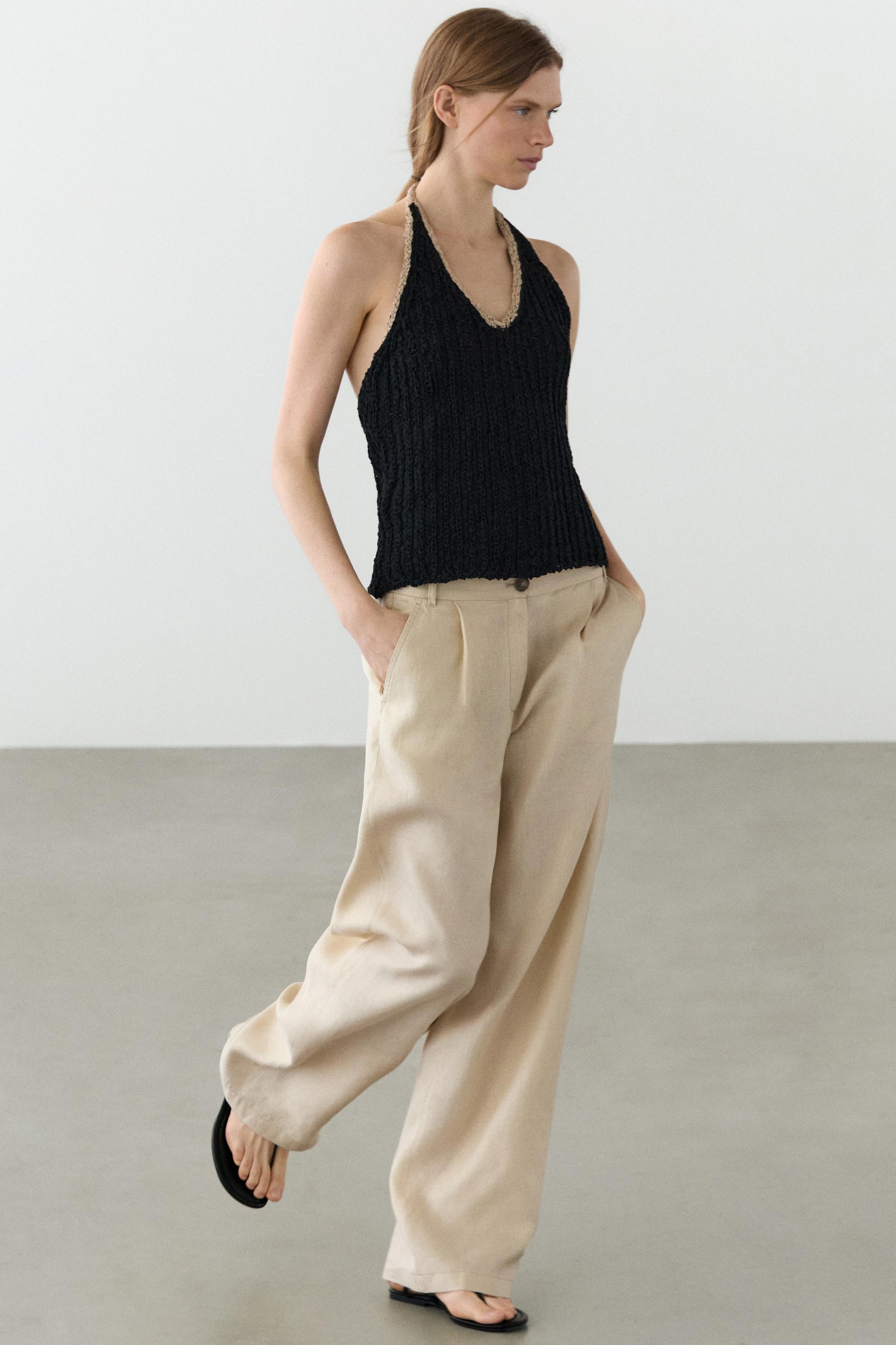 100% linen wide-leg elasticated trousers — SAND