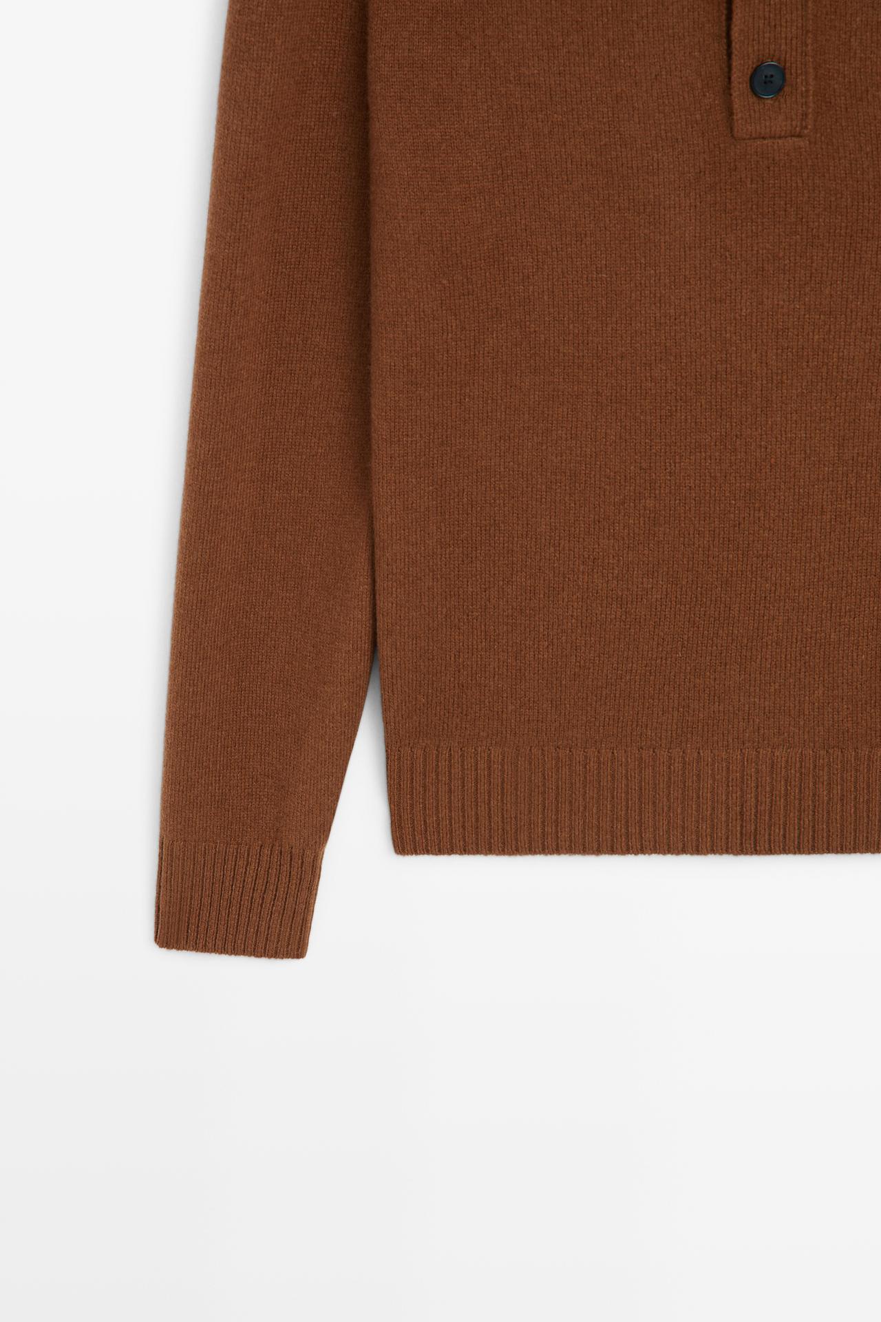 100% wool knit polo sweater with button detail — TOFFEE