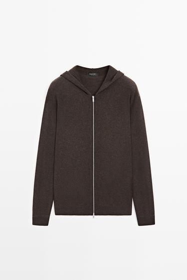 Wool-blend knit hooded cardigan — BROWN MARL 2