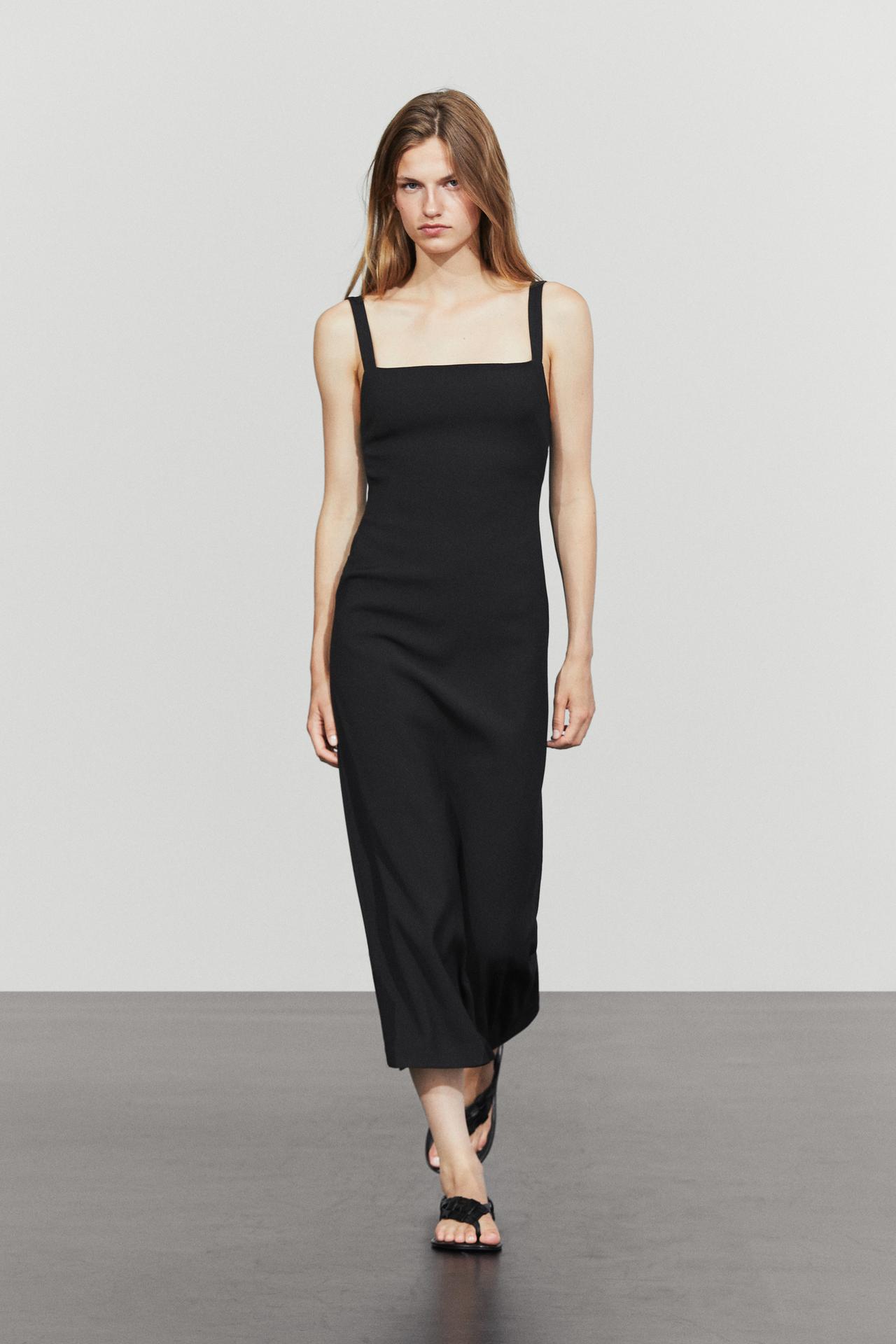 Bib front midi dress with straps — Black