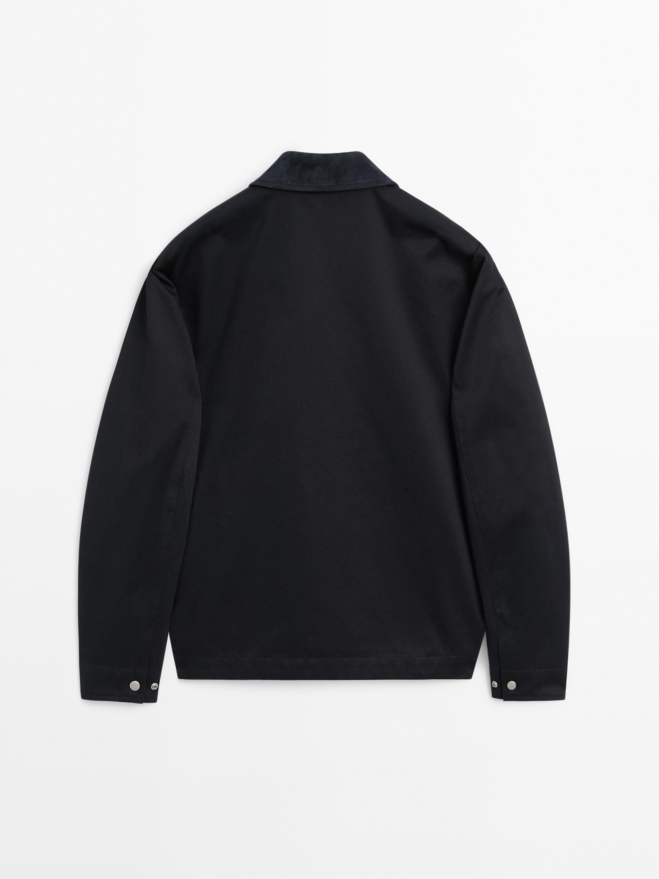 Cotton jacket with leather collar detail