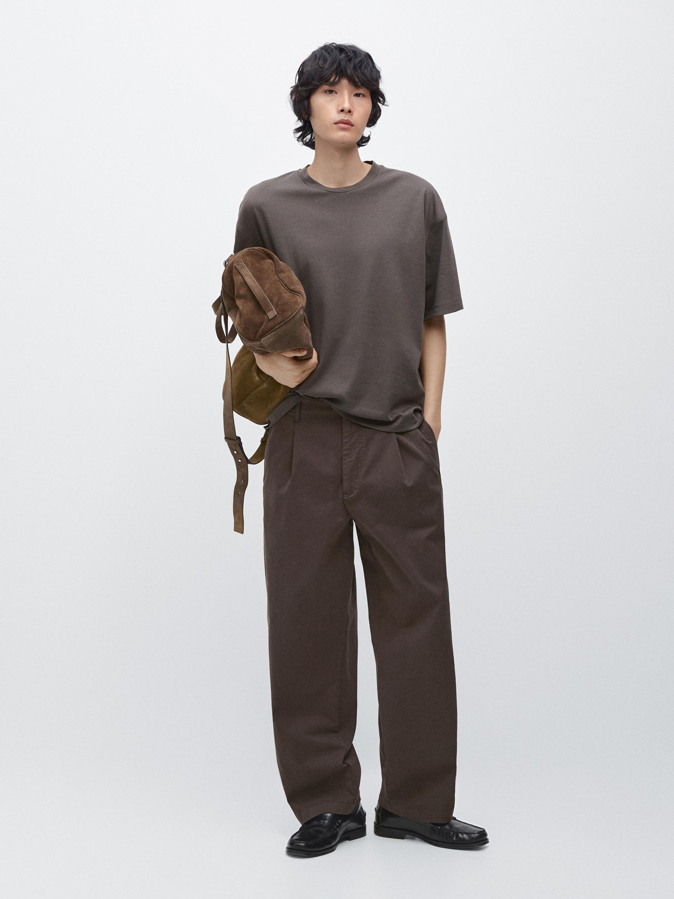 Cotton blend barrel fit trousers — BROWN
