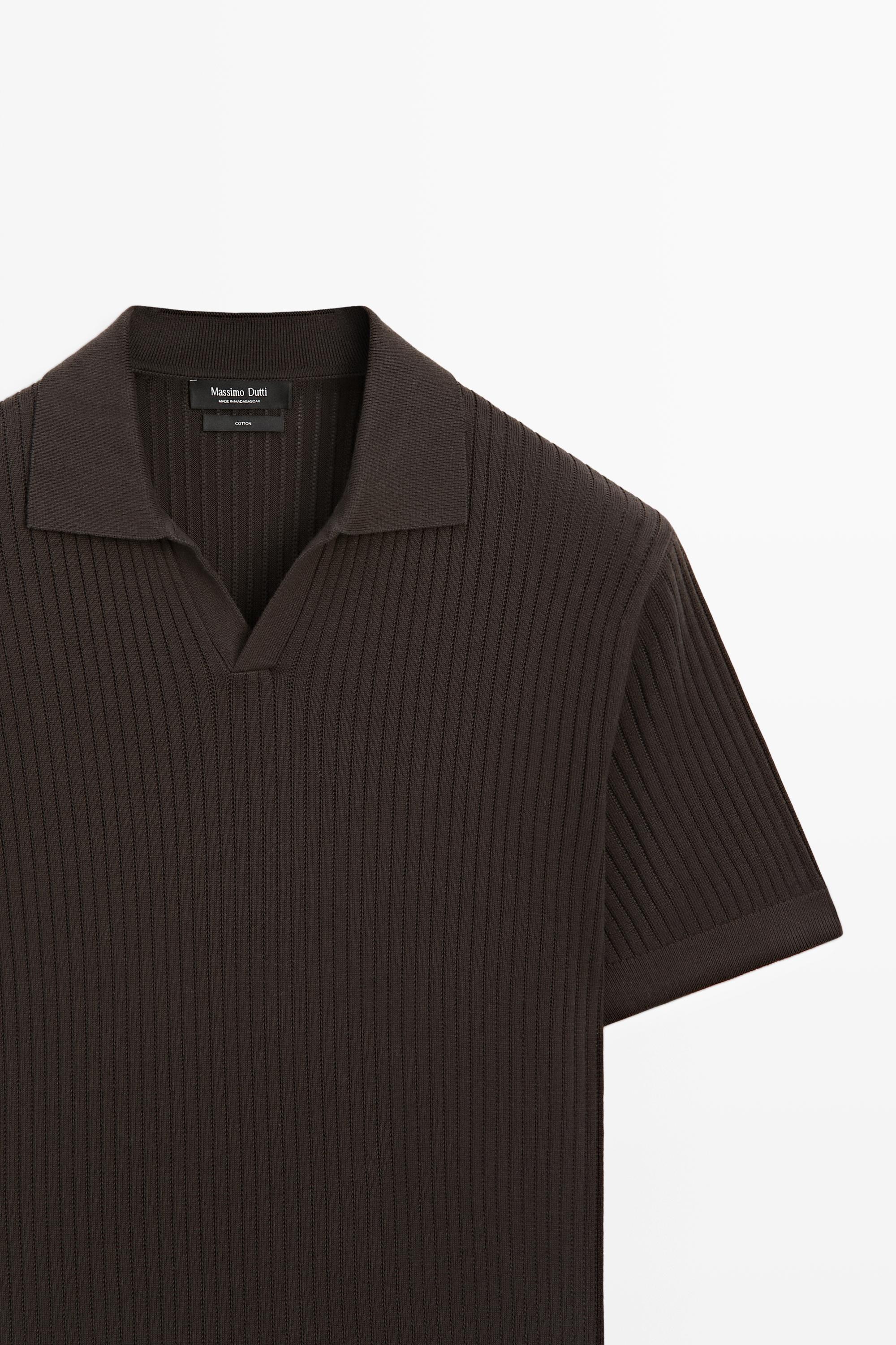 100% cotton ribbed knit polo sweater — BROWN MARL