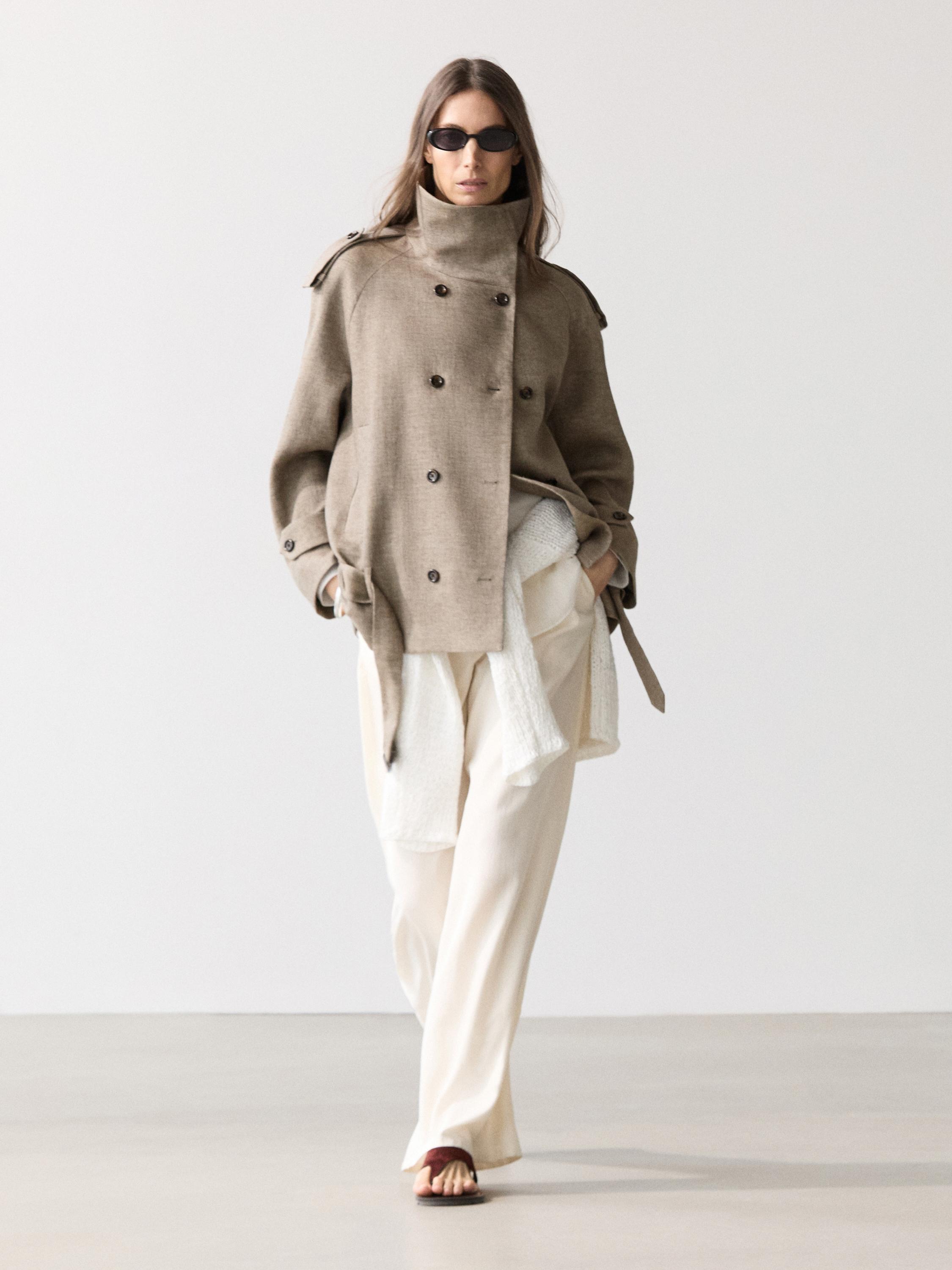 Linen melange high neck trench coat — TAUPE GREY