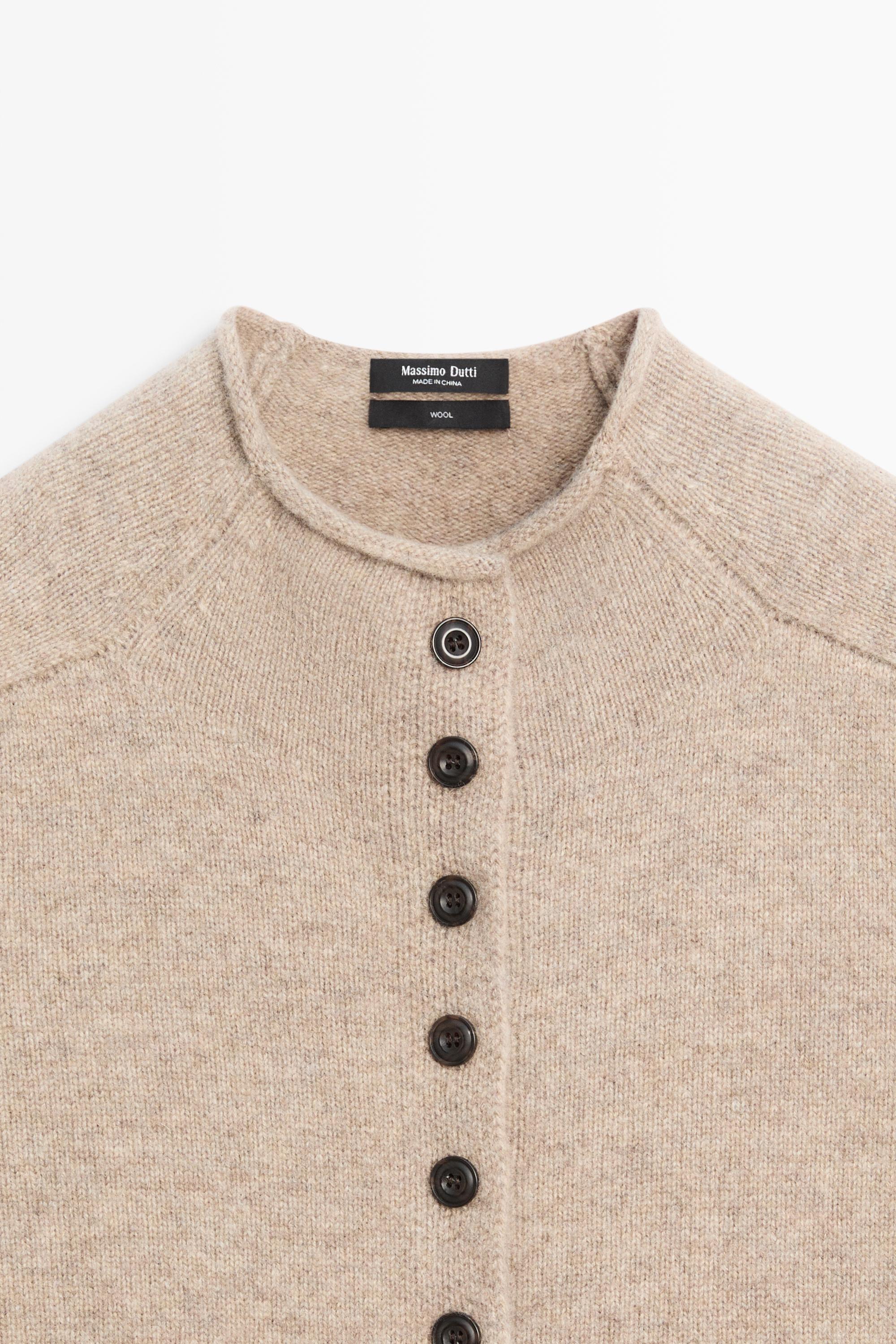 100% wool funnel neck knit cardigan — BEIGE MARL
