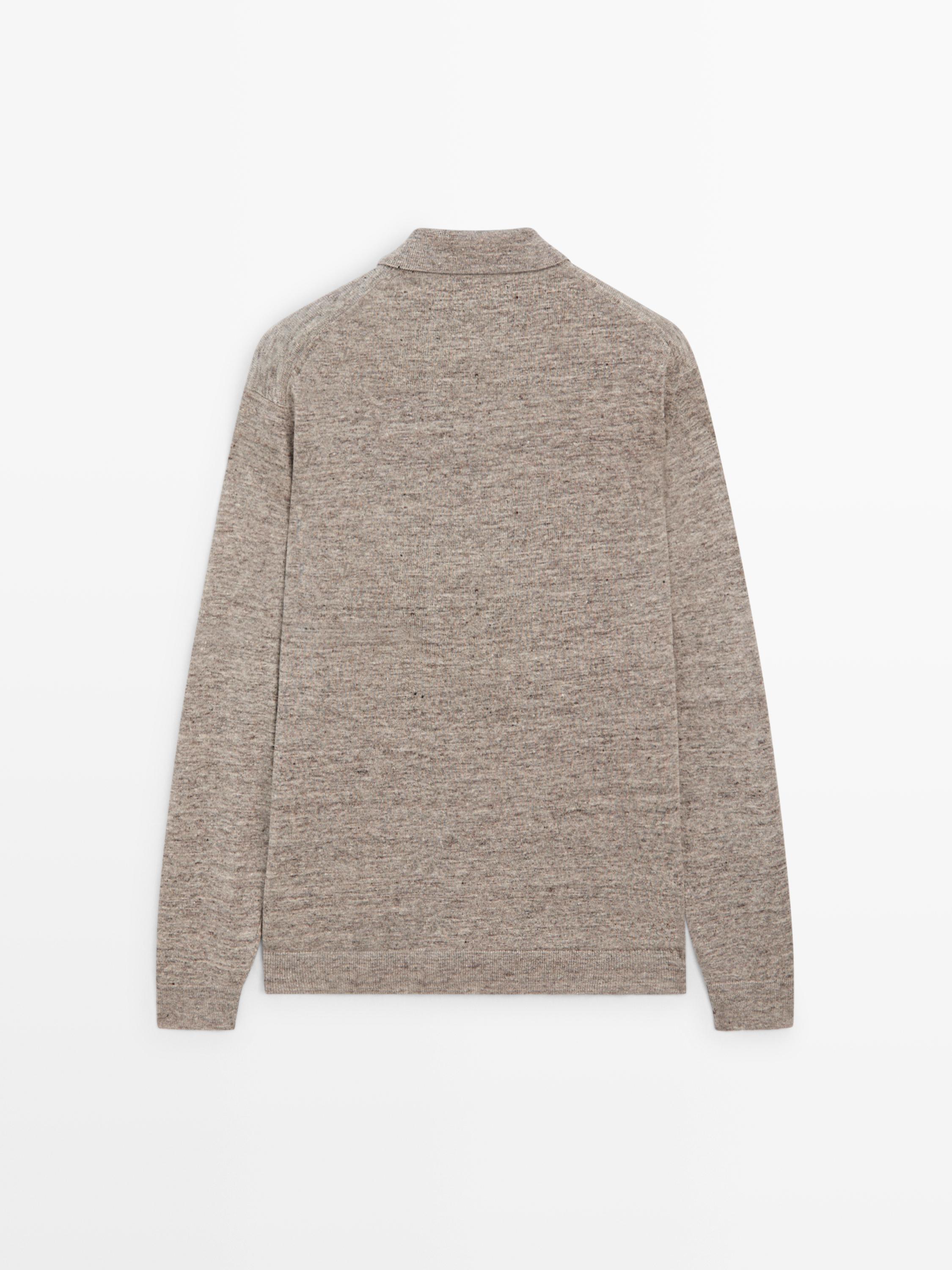 100% linen knit polo collar sweater — BEIGE MARL