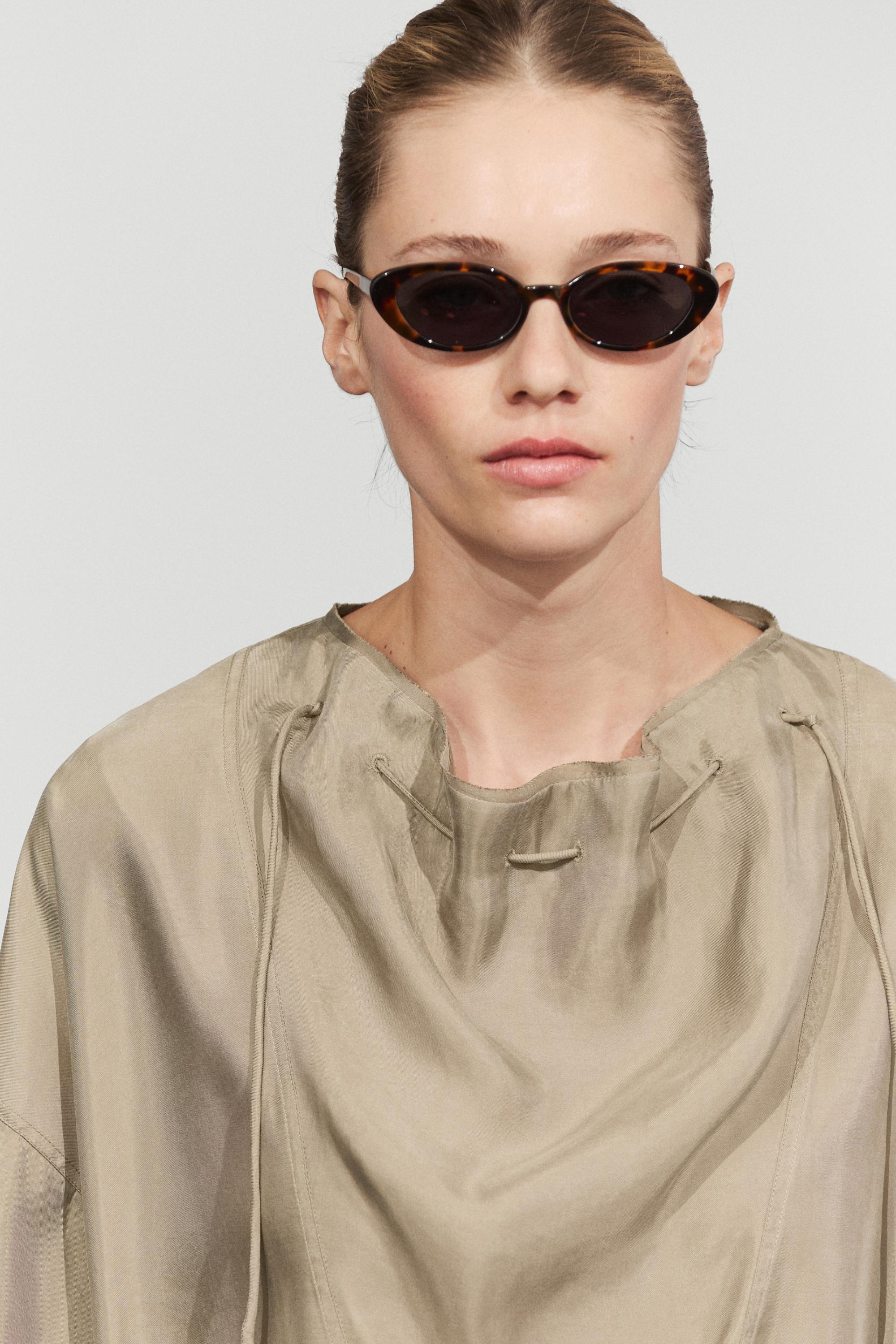 Flowing blouse with drawstring neck detail — STONE