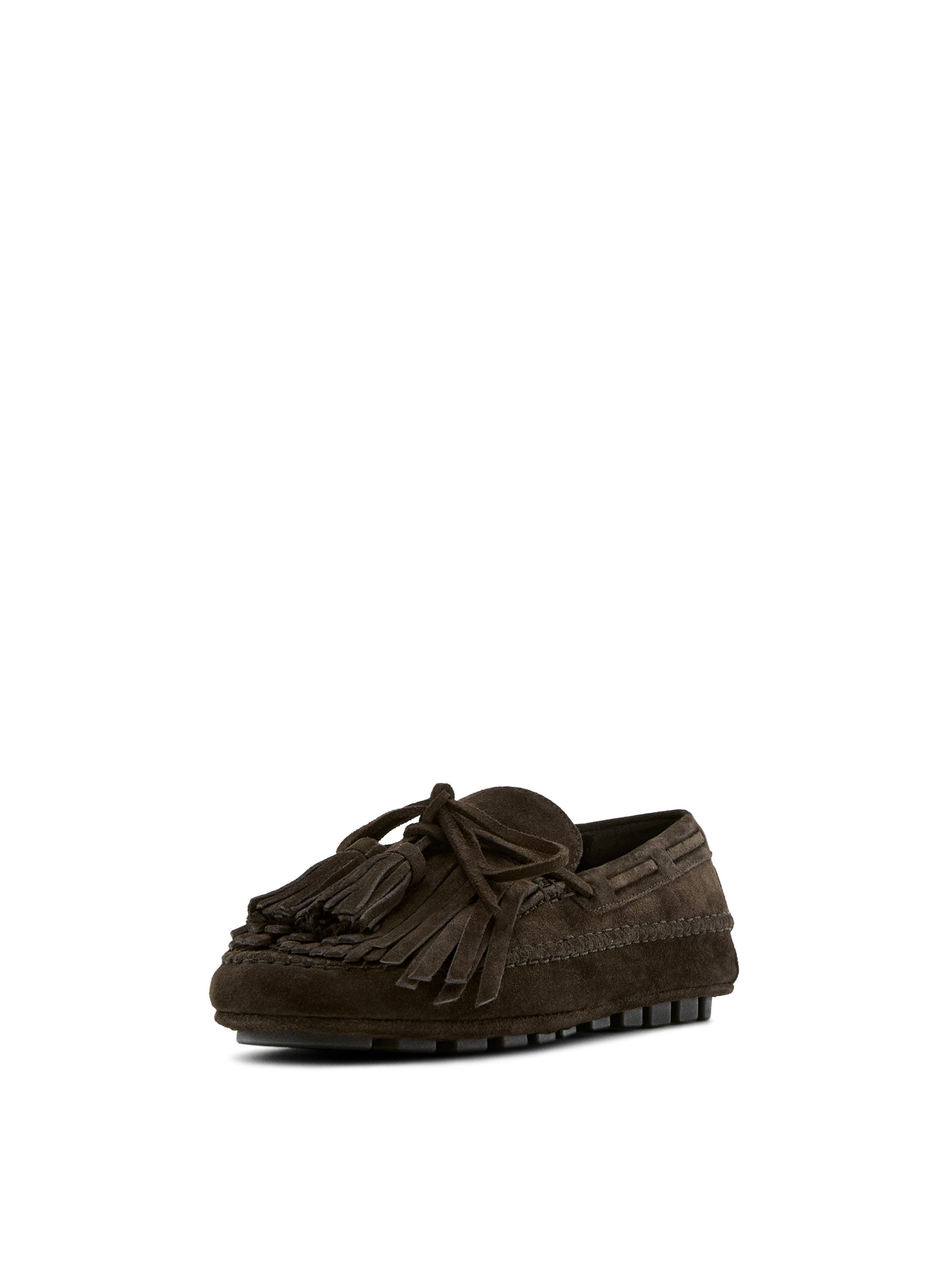 Split suede loafers with fringing and tassels — BROWN