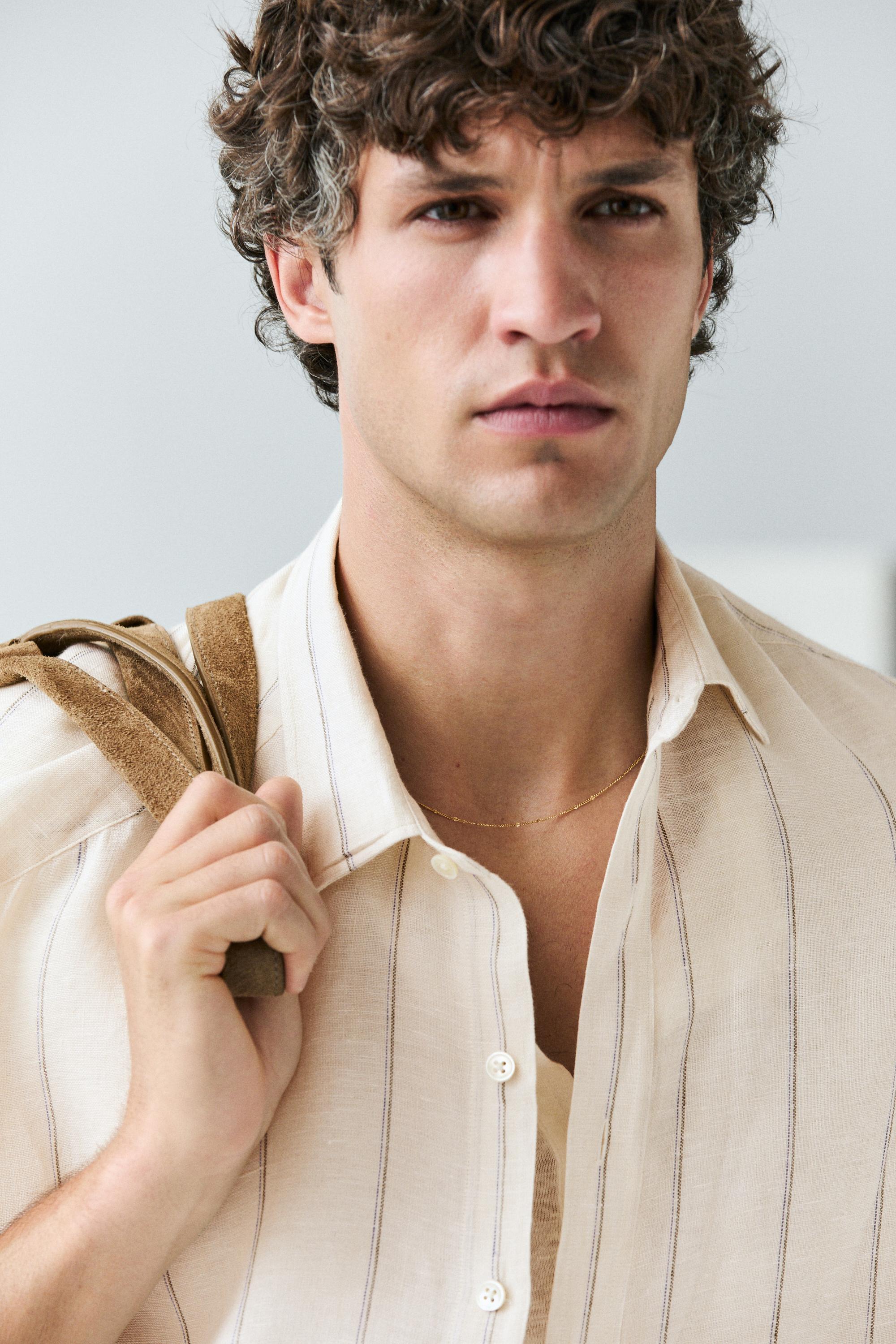 100% linen regular fit striped shirt — CREAM