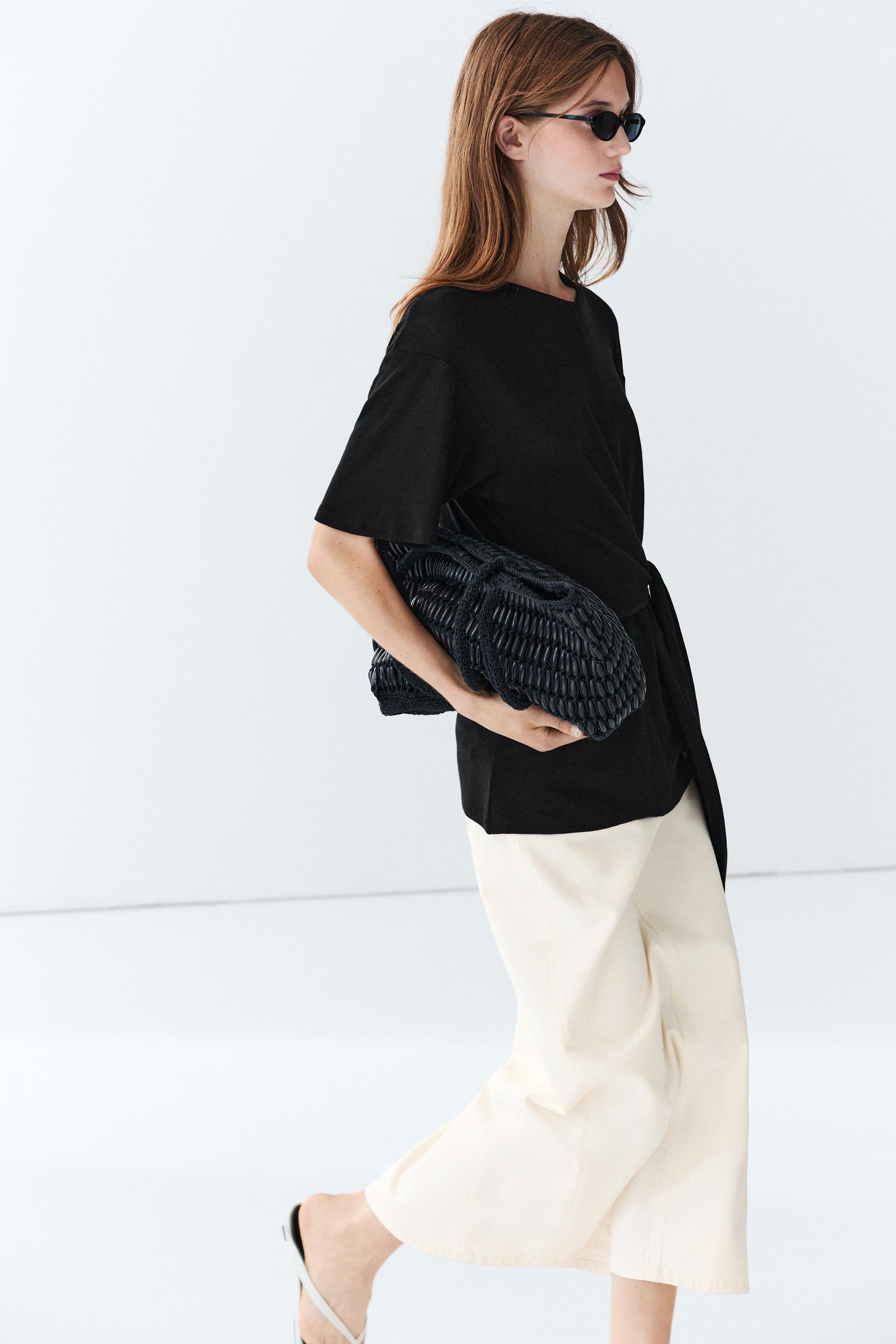Short sleeve T-shirt with tie detail — BLACK