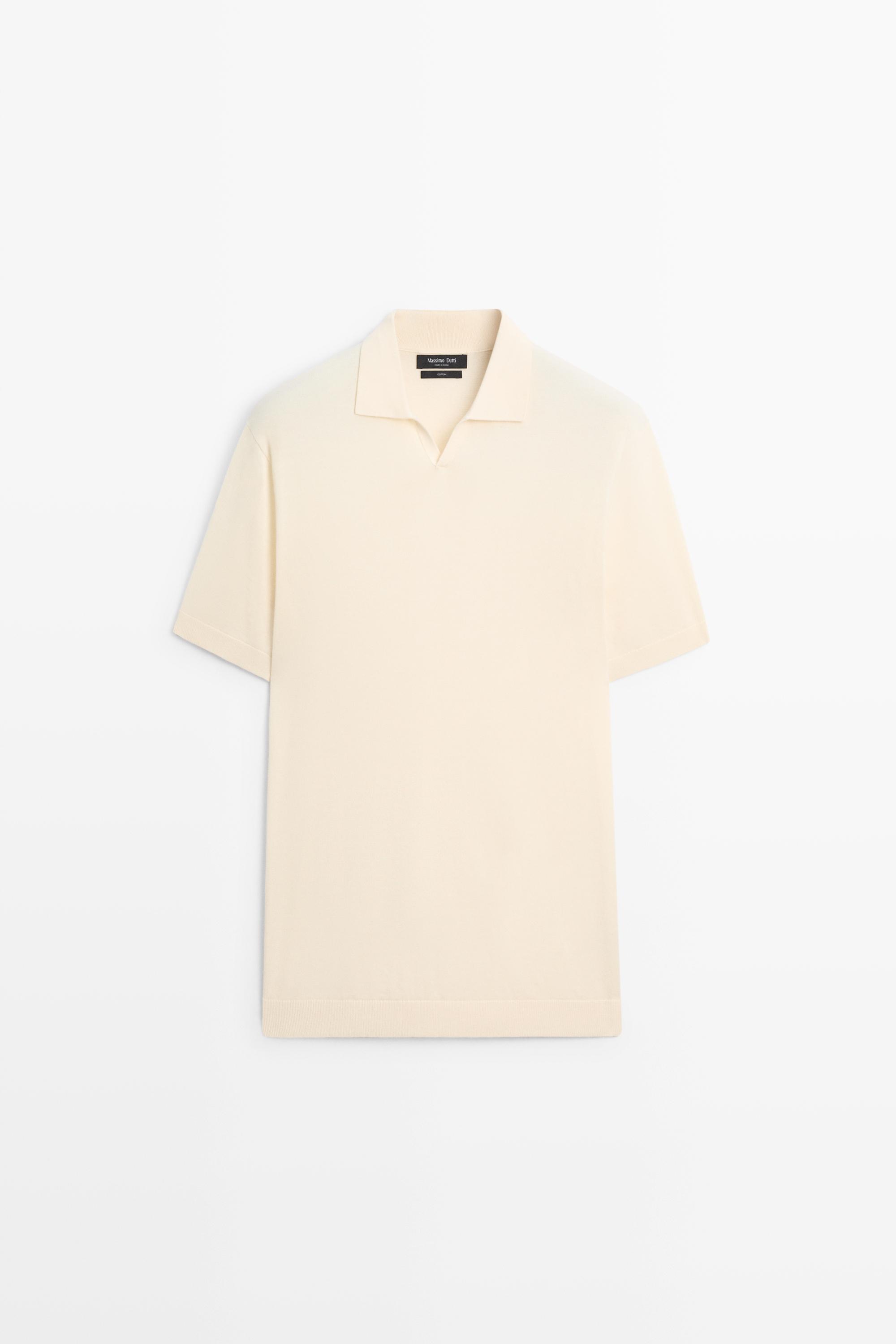 100% cotton V-neck knit polo — CREAM