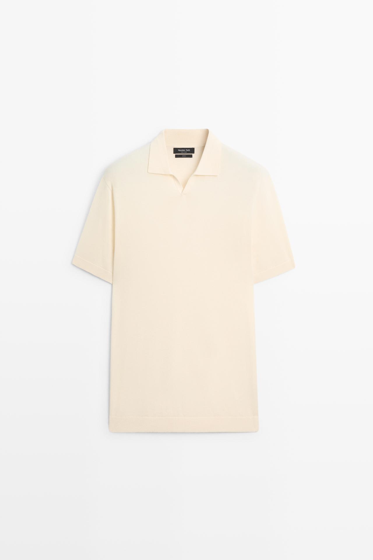 100% cotton V-neck knit polo — CREAM